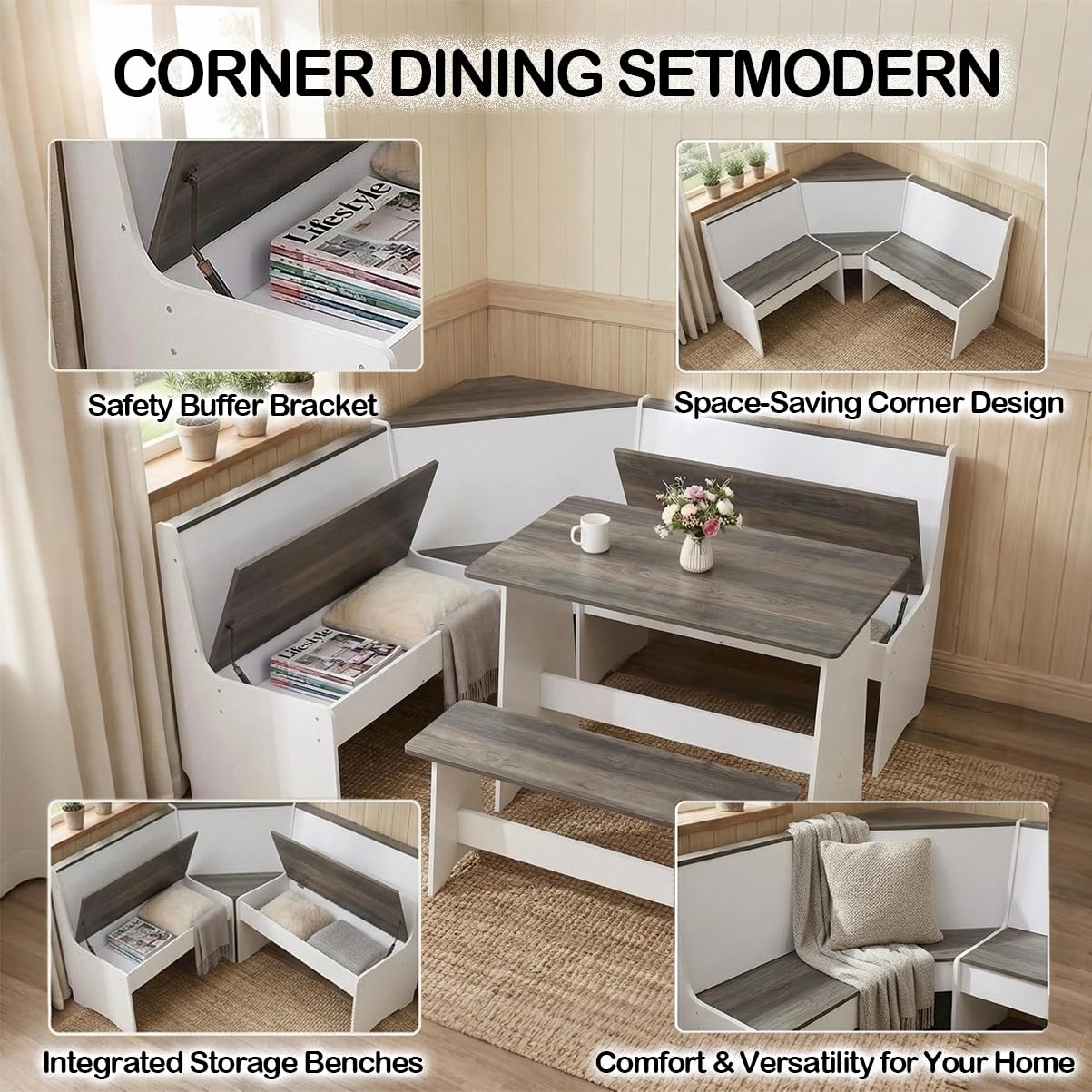 THE CARY C Farmhouse Breakfast Nook Table Set, Dining Nook Set with Corner Bench,with Storage Function Mid Century Modern Small Dining Table Set, Kitchen Table Corner Set (Gray + White)