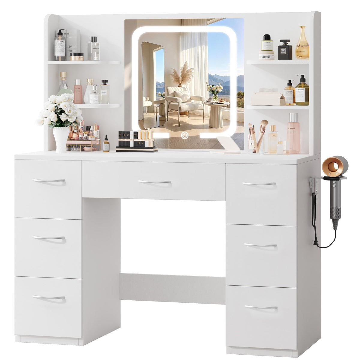 LIVELYGLOW 43" Large White Makeup Vanity Desk with Charging Station