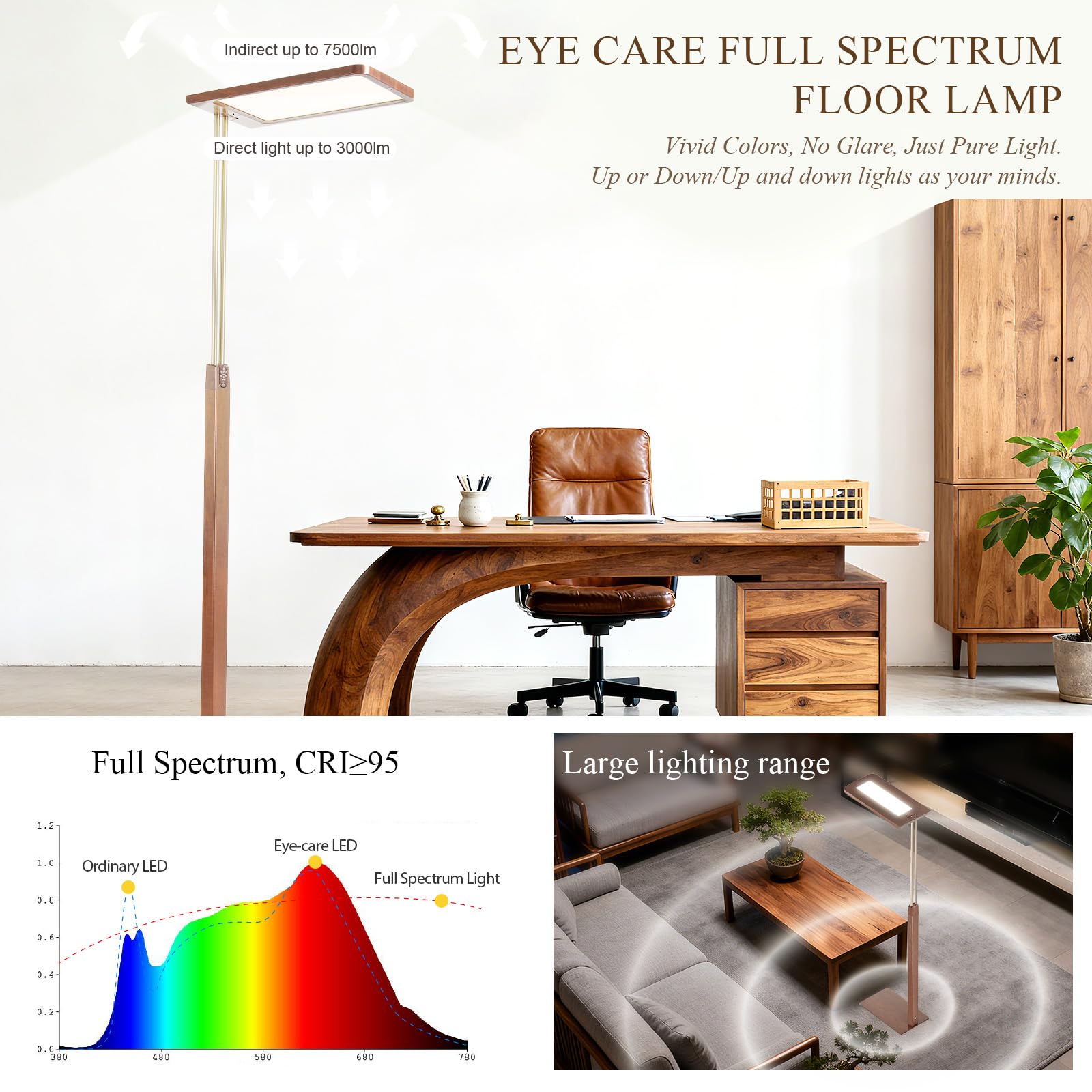 STERREN Vintage LED Floor Lamp, 10500LM Eye-Care Height Adjustable Free-Standing Lamps, 110W Full Spectrum Reading Light for Office, Meeting Room, 2700-5000K, Black Walnut Wood Finish