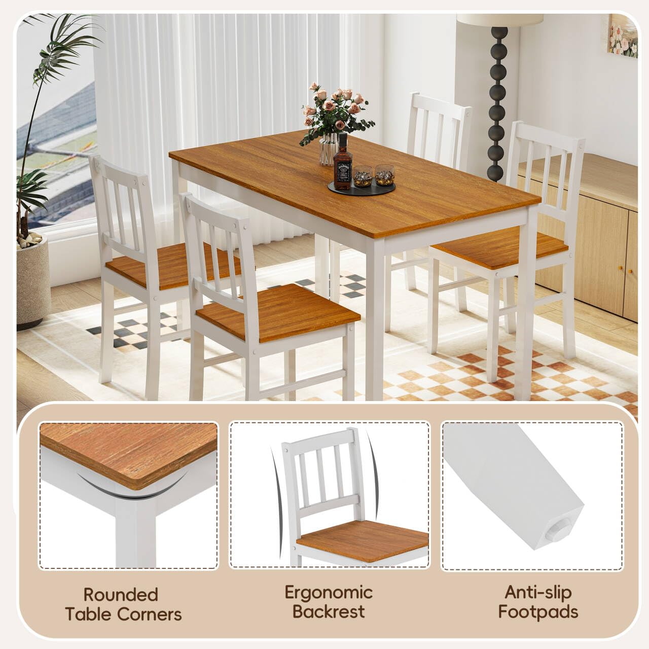 5-Piece Farmhouse Dining Table Set with 4 Chairs