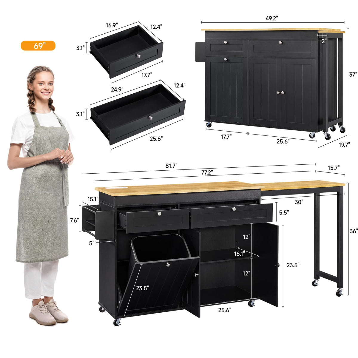 Kitchen Islands with Extendable Dining Table, Mobile Storage Islands, Black