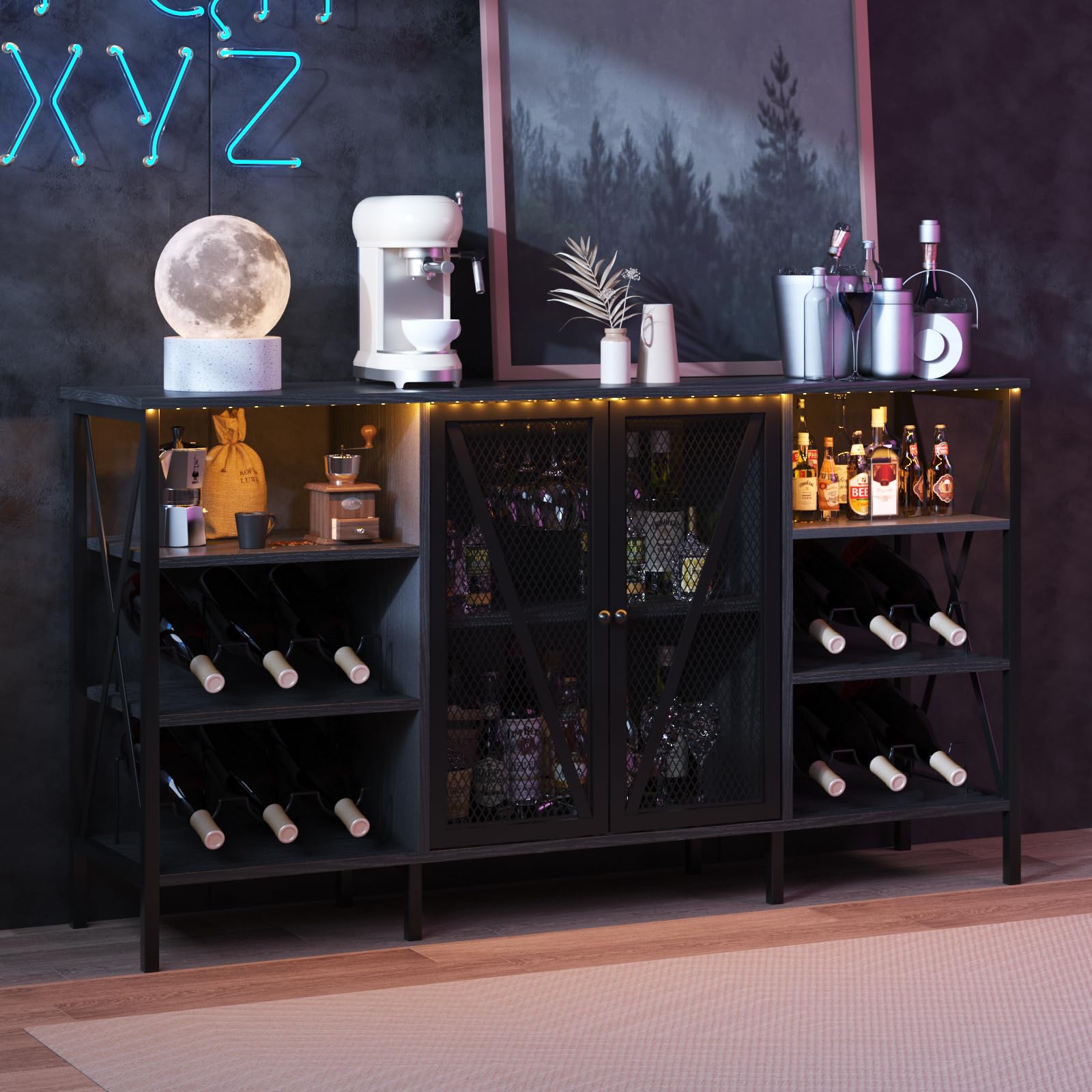 Industrial Wine Bar Cabinet with LED Light