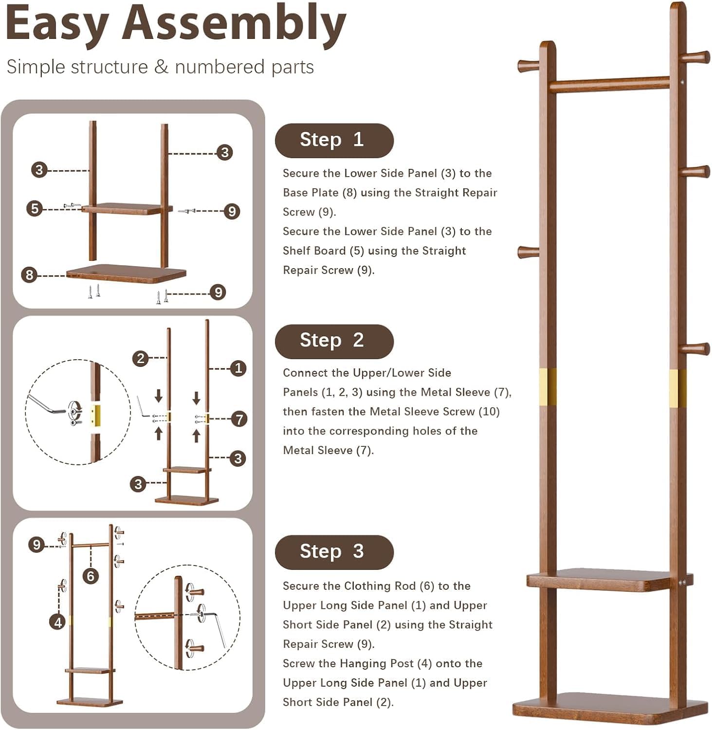 Solid Wood Coat Rack with 2 Shelves & 5 Hooks