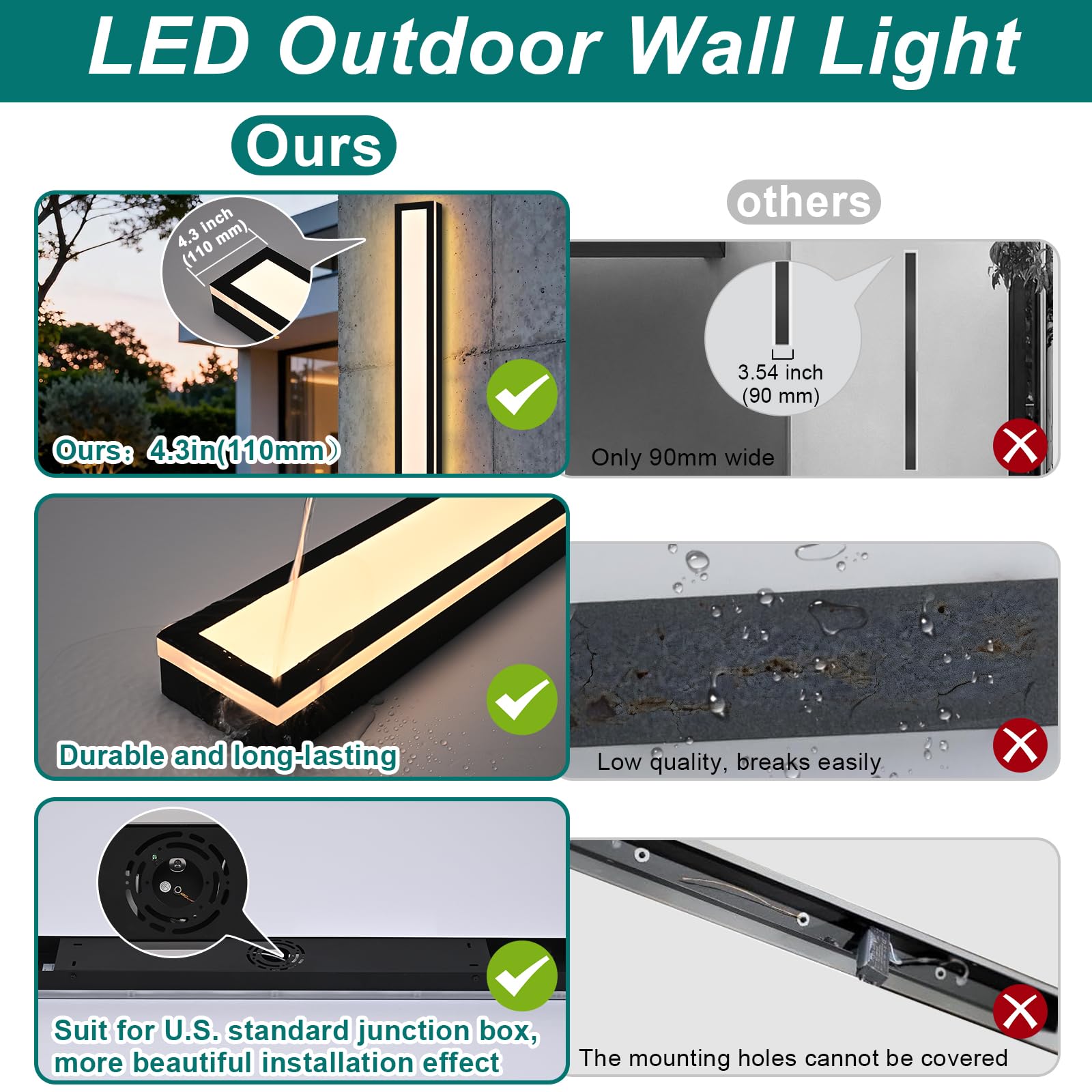 Long Outdoor LED Wall Sconce – 2 Pack, Dimmable 5CCT Linear Light