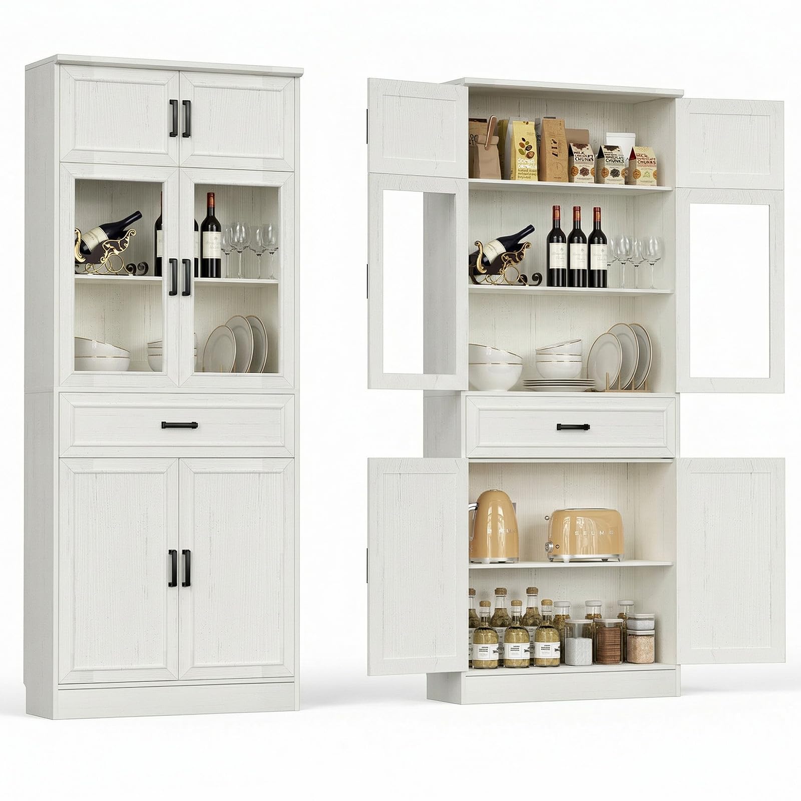 Tall Kitchen Pantry Storage Cabinet with Glass Doors