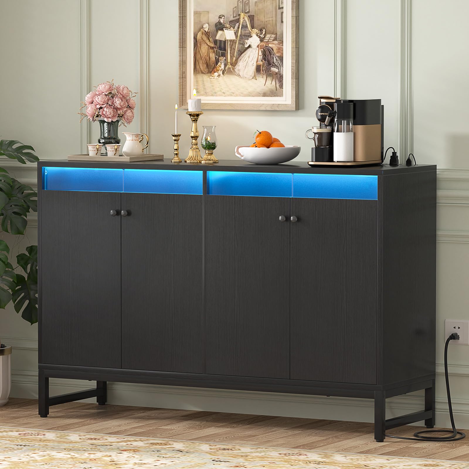 Aheaplus Sideboard Buffet Cabinet with Power Outlet, Kitchen Storage Cabinet with LED Light & Doors, Accent Cabinets Cupboard Buffet Table with Storage for Dining Room, Living Room, Hallway, Black