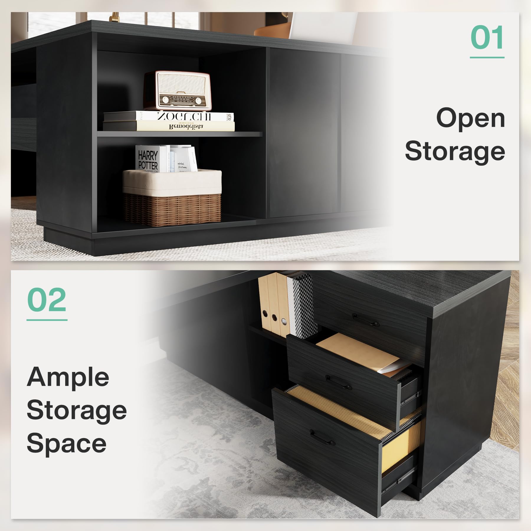Tribesigns 78" L-Shaped Executive Desk, Large Modern Office Desk with Drawers and Lateral File Cabinet, Business Furniture with Storage Shelves, Big Computer Desk for Home Office (Grey + Blcak)