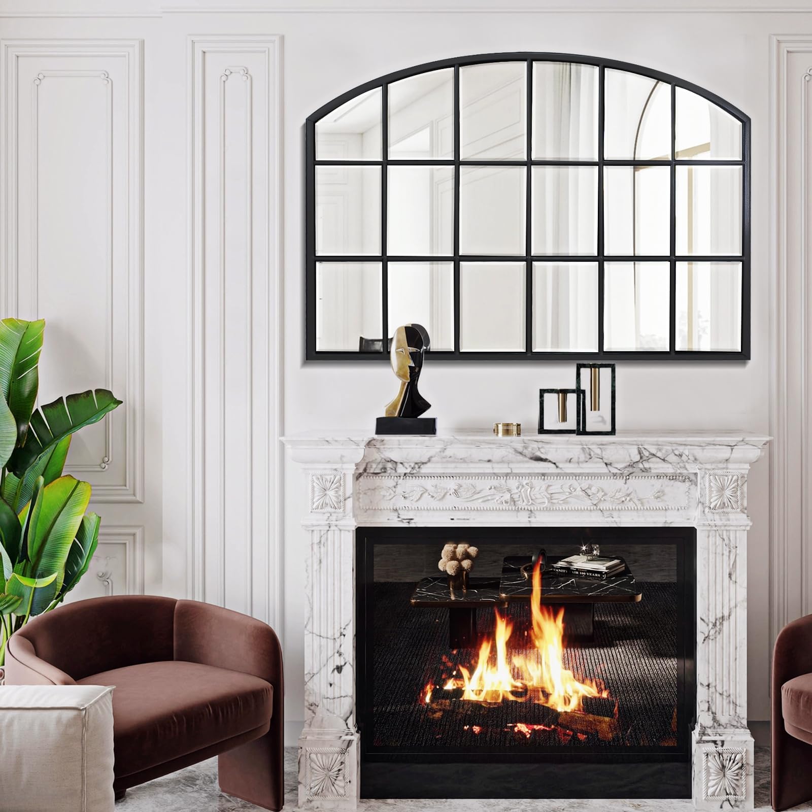 Arched Window Wall Mirror – Black Wood Frame, 44"x28"
