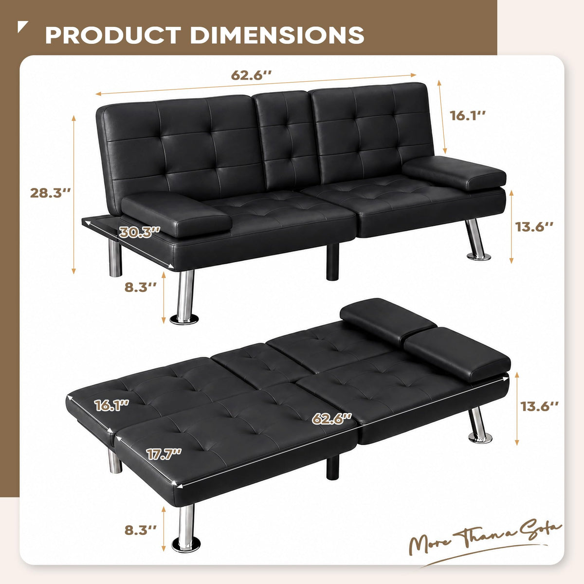 JUMMICO Faux Leather Futon Sofa Bed, Sleeper Sofa with Adjustable Backrest