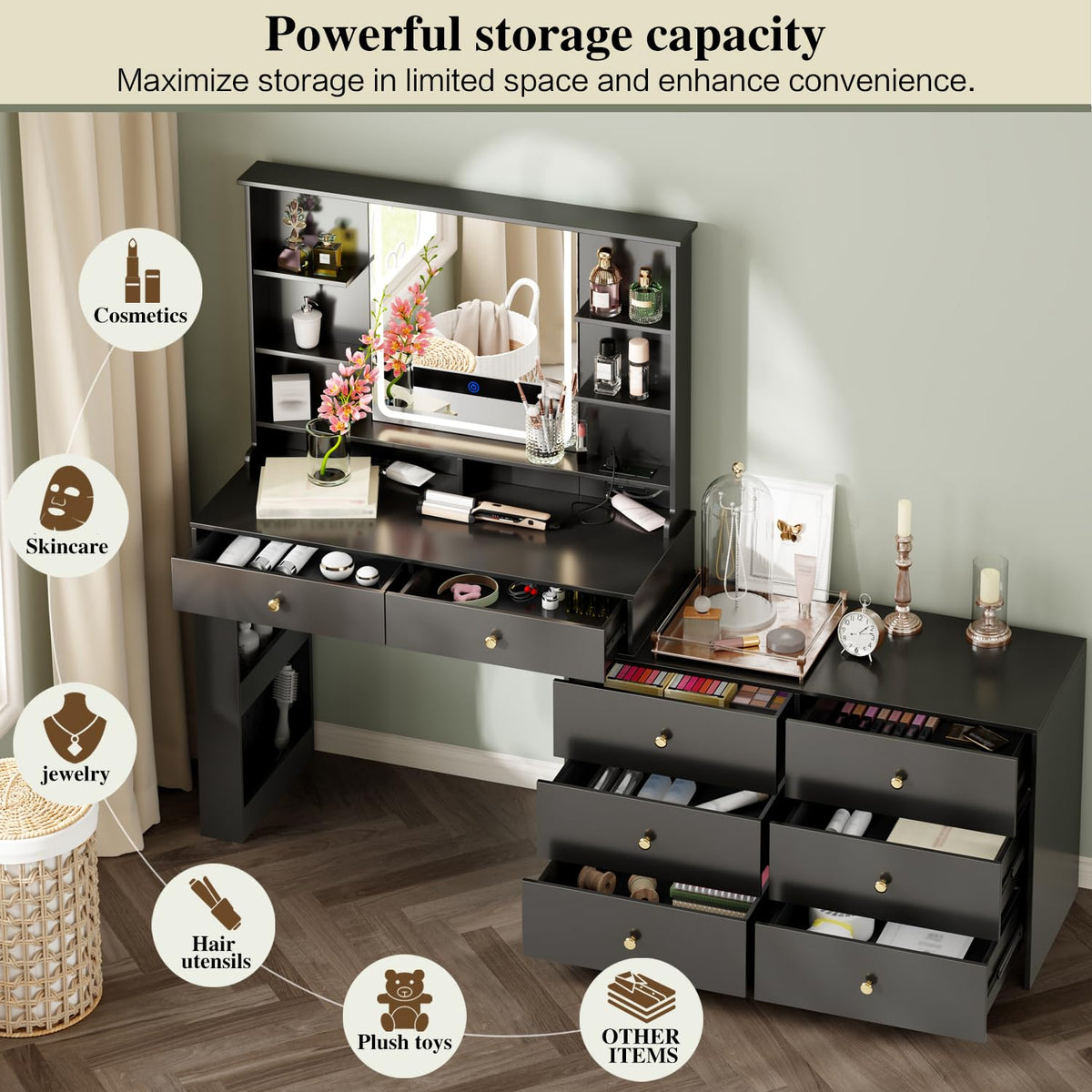 55.91“Makeup Vanity Desk with Mirror and Lights, Vanity Desk with 8 Drawers & Storage Shelves, Vanity Table with Power Outlet, 3 Color Modes & Adjustable Brightness Dressing Table, Bedroom,Black