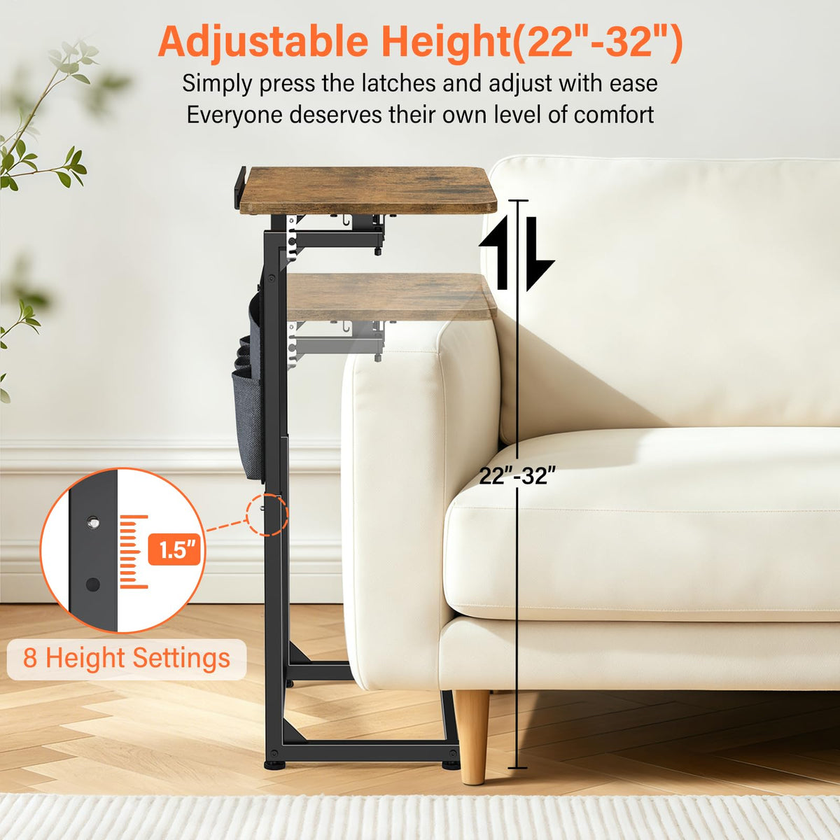 Small C Shaped End Table Set of 2, Slide Under Sofa Adjustable Height Side Table with Tilting Desktop, TV Tray Night stand with Storage Bag, Couch Table for Living Room Bedroom Narrow coffee table