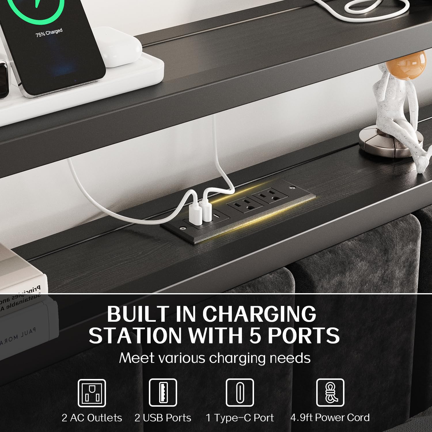 OLEVS Full Size Bed Frame with LED Lights & Charging Station, Modern Platform Bed with Upholstered Storage Headboard, No Box Spring Needed Easy Assembly