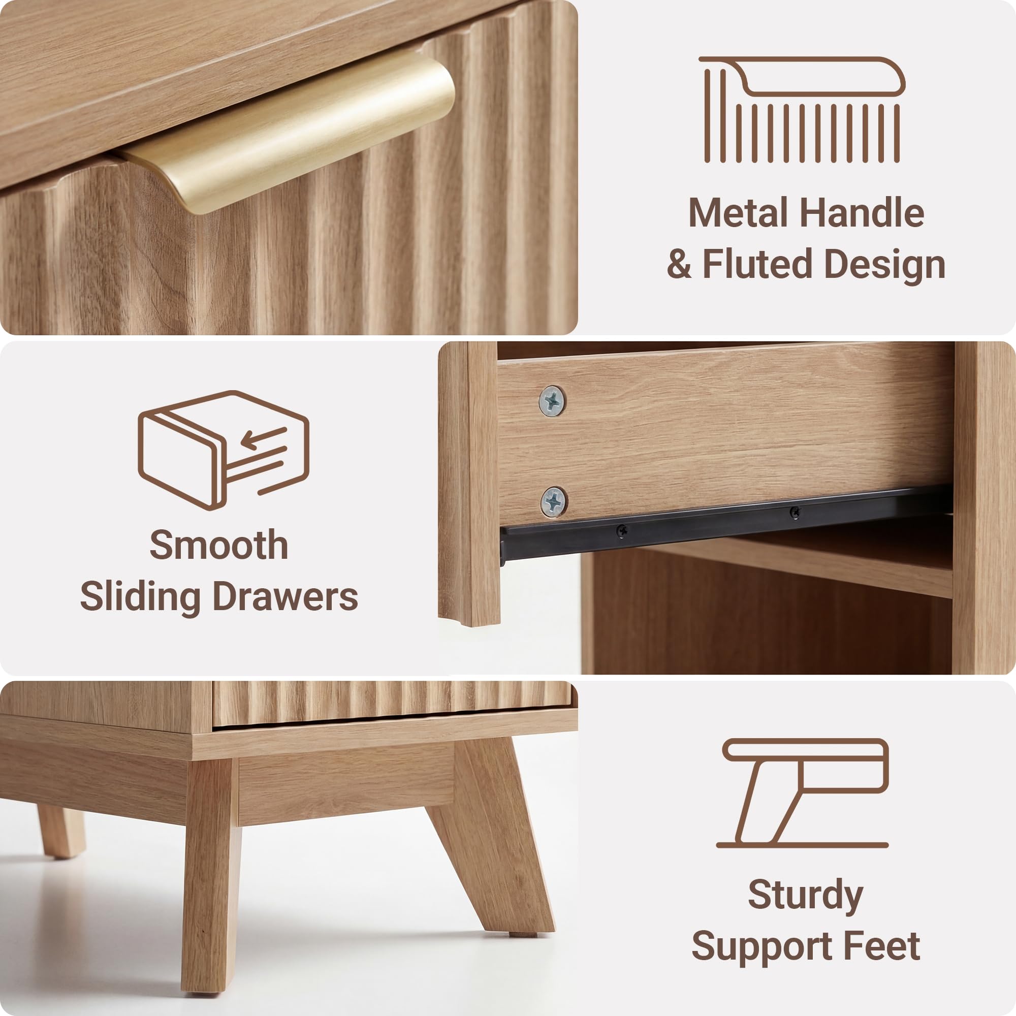 Fluted Tall Nightstand Set of 2 with Charging Station & Storage Drawers