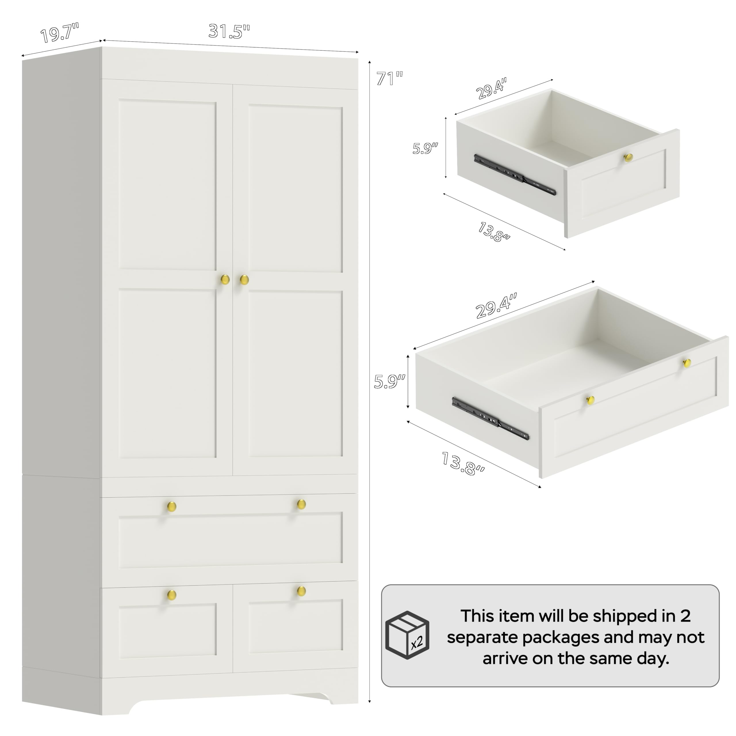 2-Door Wardrobe Closet with Drawers & Hanging Rod