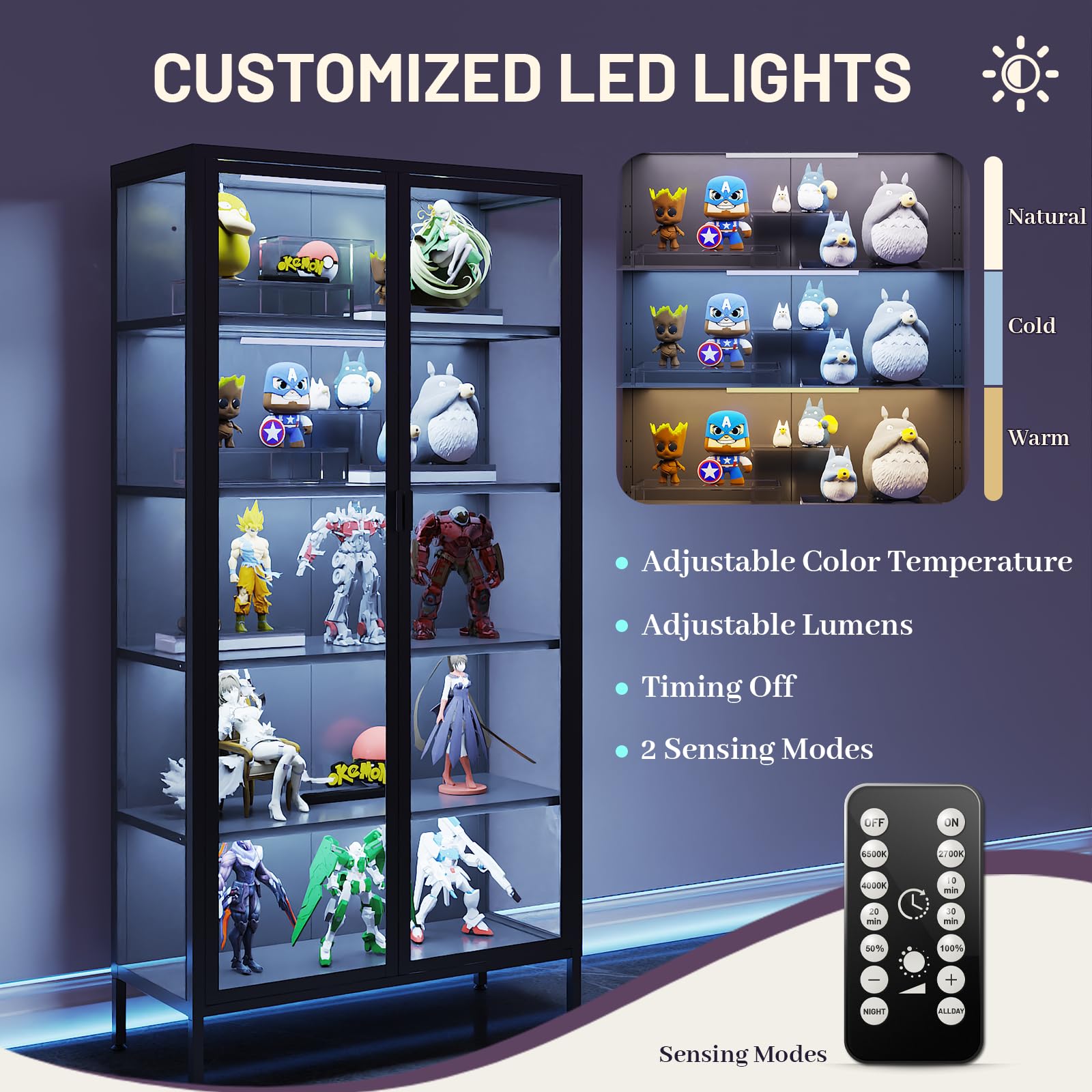 Glass Display Cabinet with LED Sensor Lights & Adjustable Shelves
