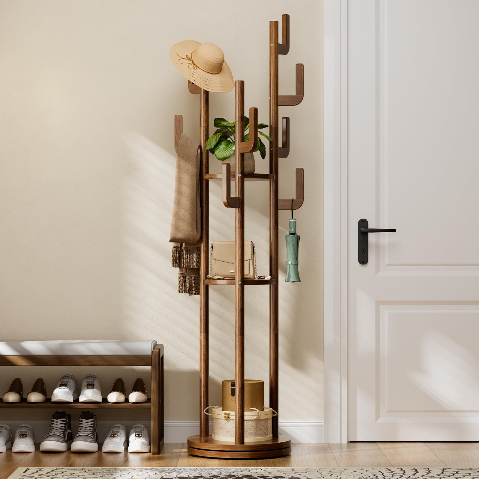 360° Rotating Freestanding Coat Rack with 9 Hooks & 3 Shelves