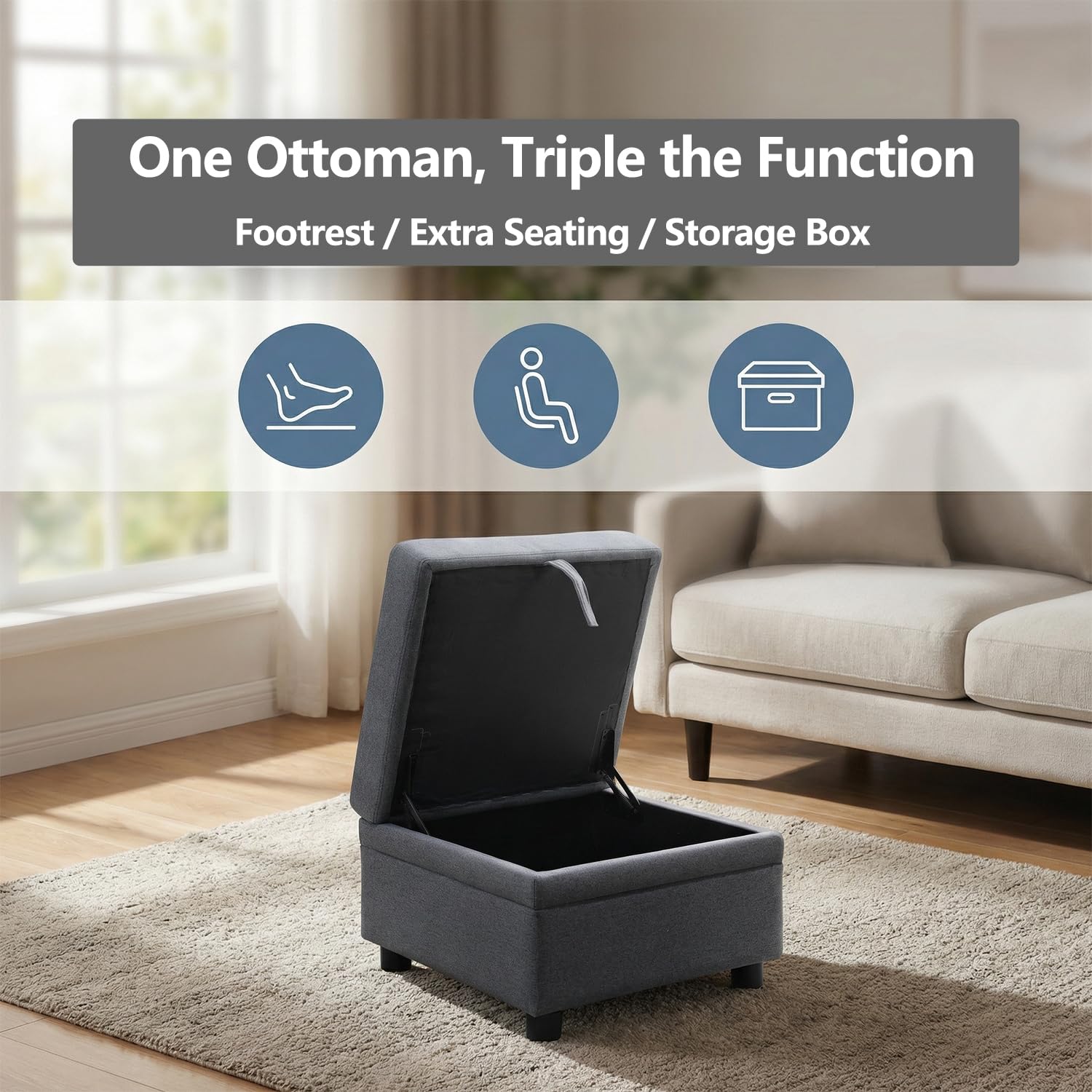 Snuptor Fabric Ottoman Bench with Storage,23 Inches Linen Large Square Storage Chest,Coffee Table,Foot Rest Stool Ottoman for Living Room,Apartment,Entryway,Grey