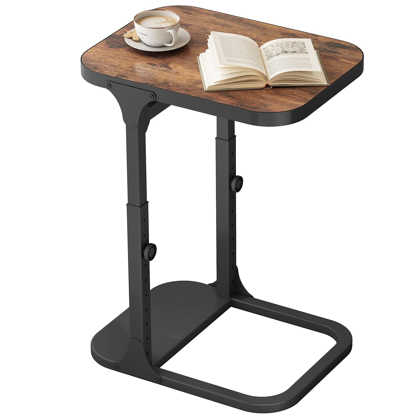 Kitstorack Ultra Stable & Durable End Table, Ajustable Height C Shaped Side Table for Couch, Sofa Side Table with Thickened Metal Frame for Living Room, Bedroom, Rustic