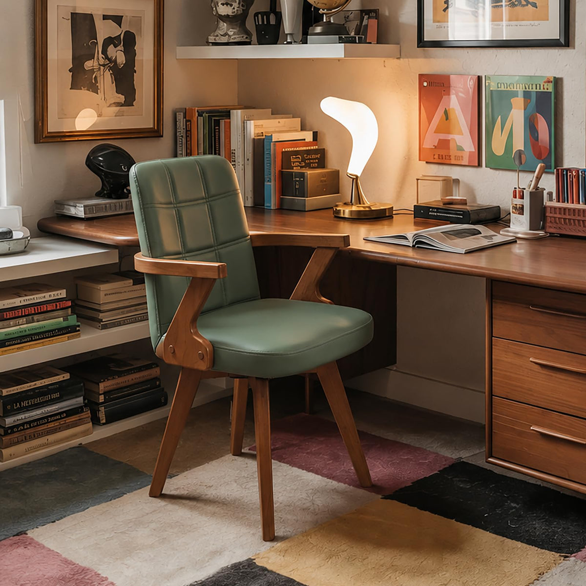 Mid Century Modern Home Office Chair with Walnut Finish, Ergonomic Faux Leather Desk Chair with Silent Rolling Wheels, Curved Back and Arms (Beige - Wooden Legs, Set of 1)