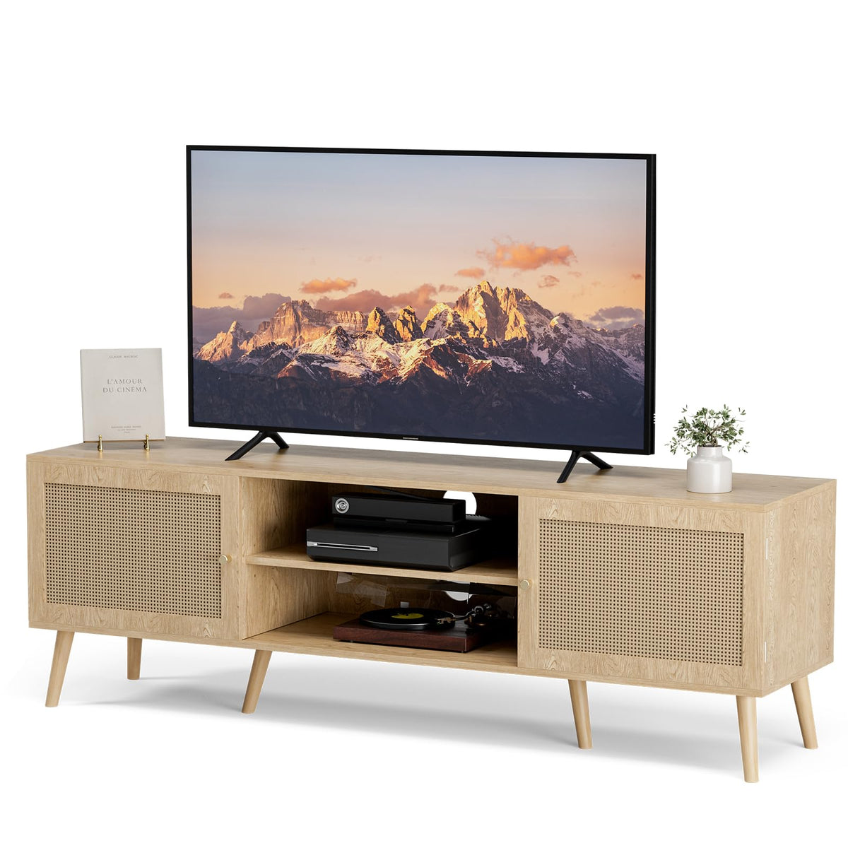 ZttRiee TV Stand with Rattan Doors for TVs up to 65", Mid-Century, Natural