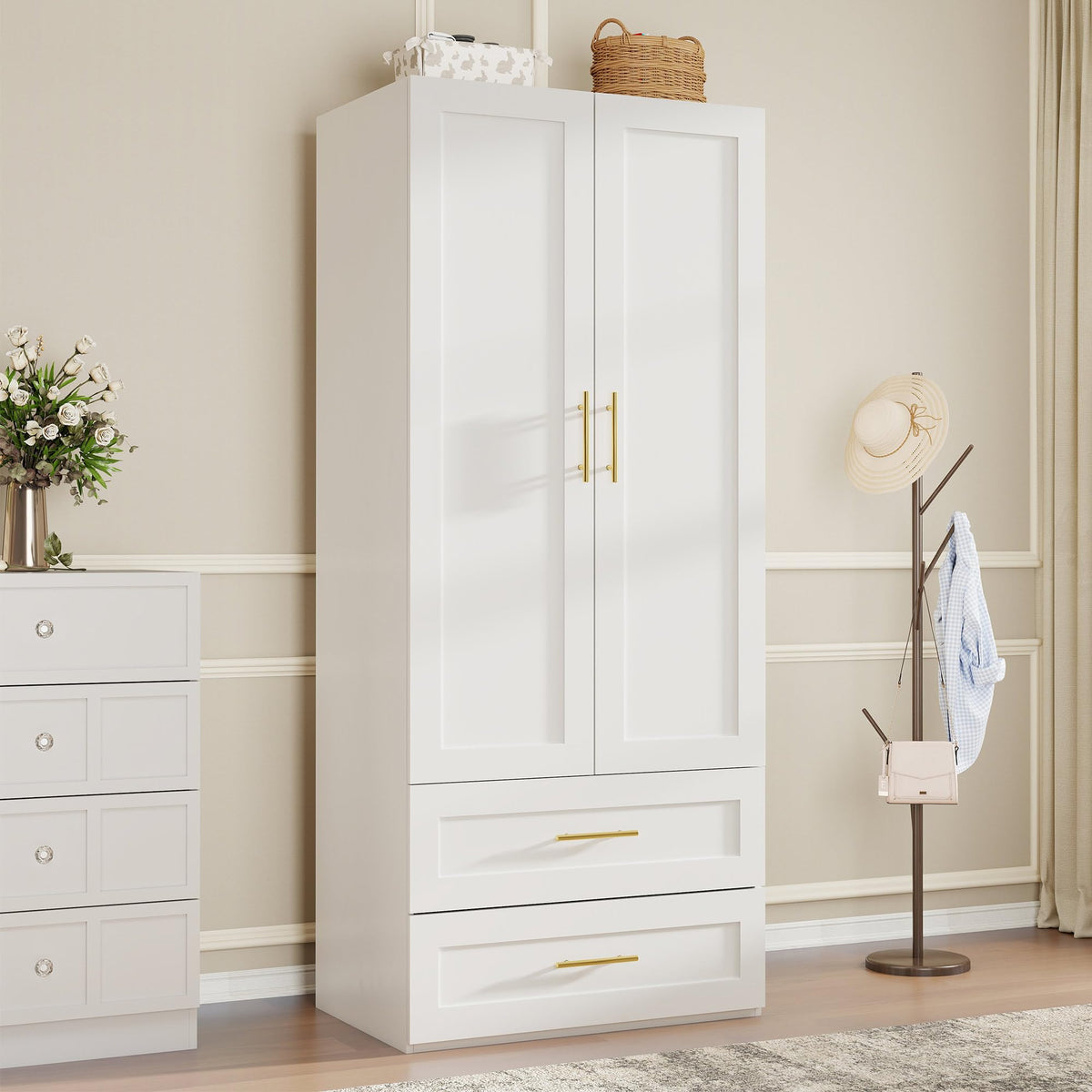 White Wardrobe Armoire with 2 Drawers