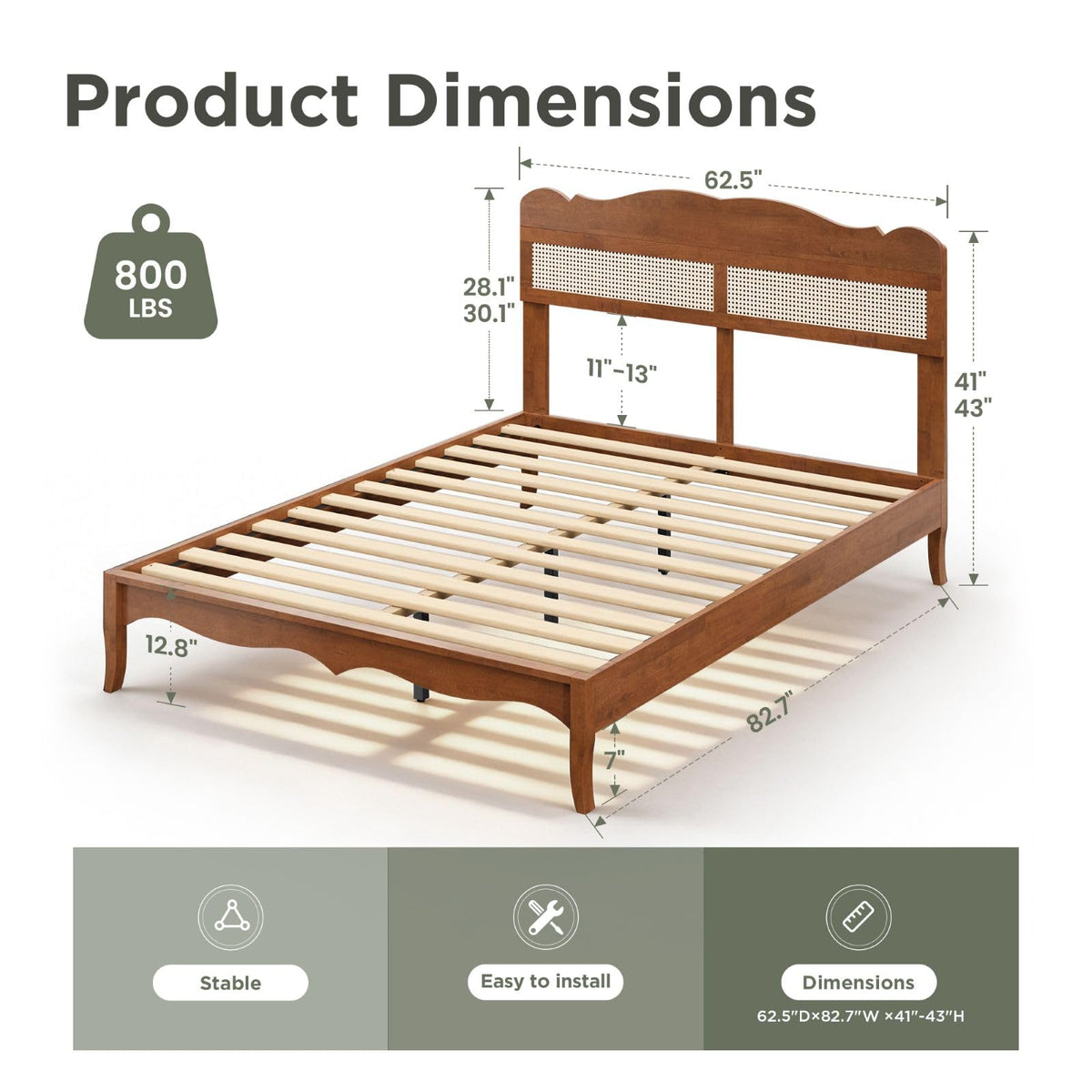 Sophia & William Queen Bed Frame with Headboard, Solid Wood Bedframe