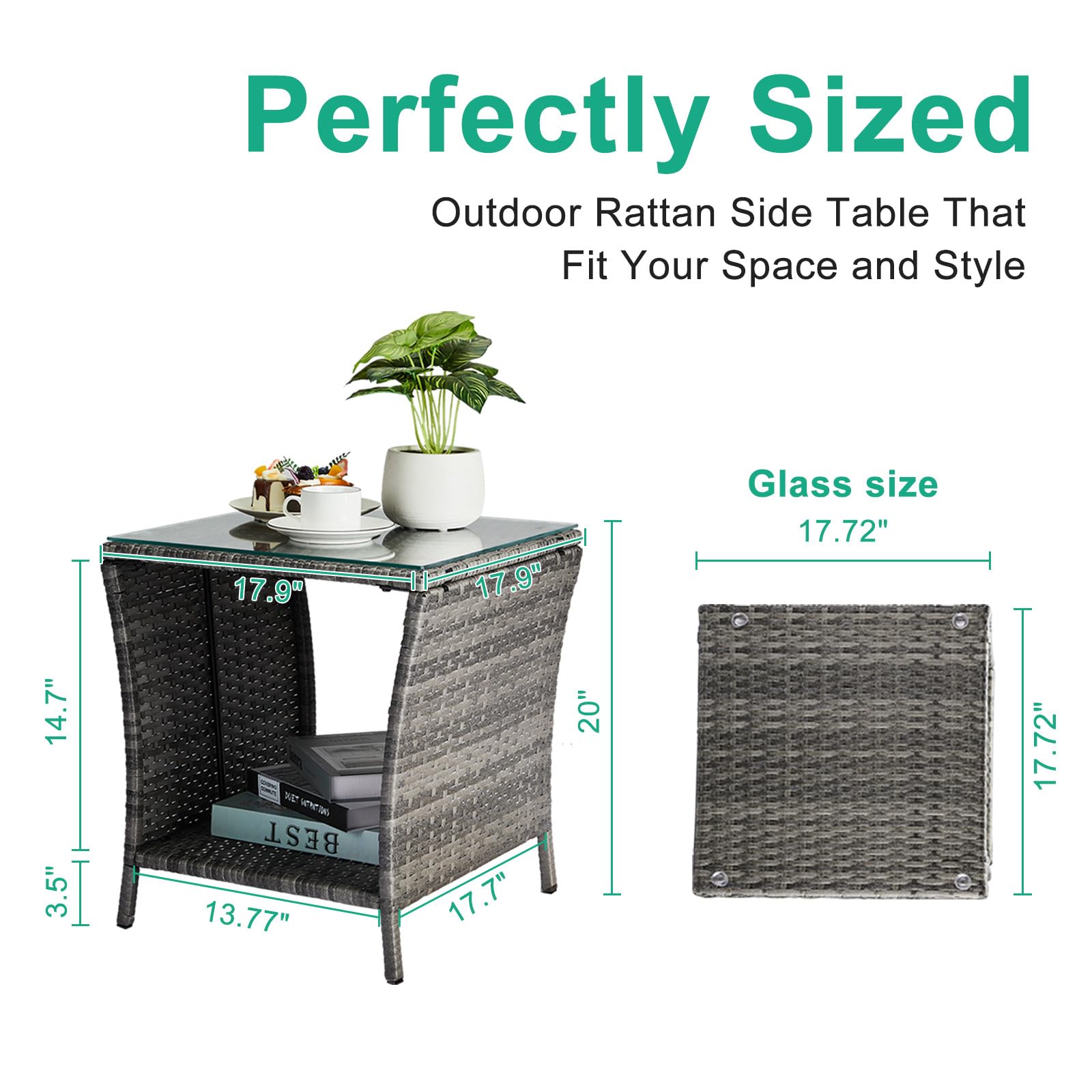 Wicker Outdoor Side Table with Tempered Glass Top & Storage Shelf