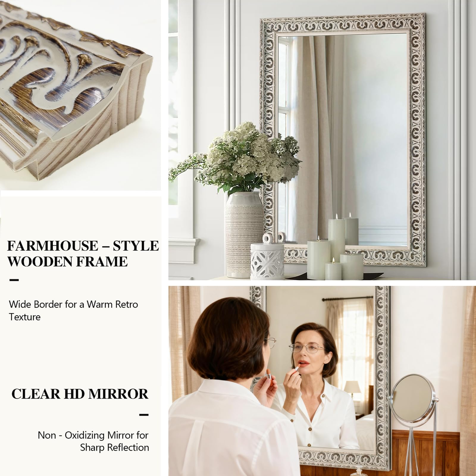 Vintage White Wall Mirror with Butterfly Carvings & Solid Wood Frame