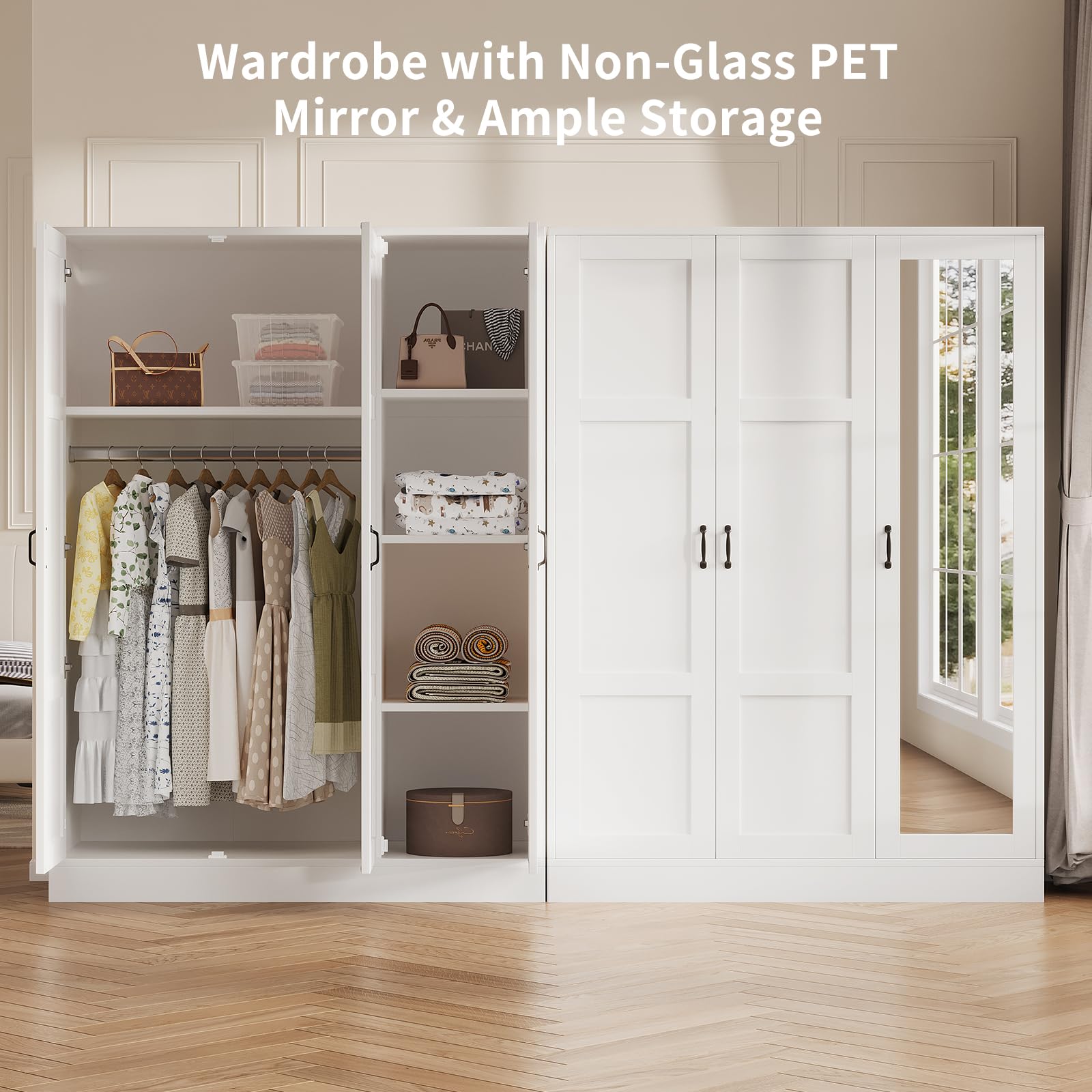 Yanosaku 3-Door Armoire Wardrobe Closet with Full Length Acrylic Mirror, Armoire with Adjustable Shelves & Hanging Rod, Freestanding Storage Cabinet for Bedroom, White