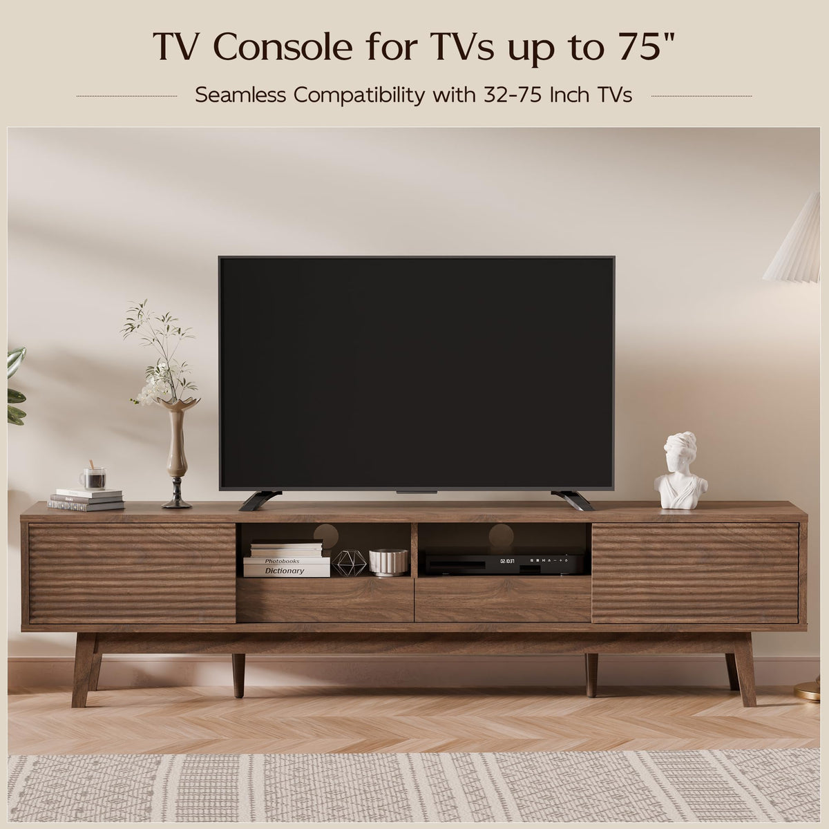 TOLEAD 70" Mid Century Modern TV Stand for TVs up to 75 Inch, Low Profile TV Console with Fluted Sliding Doors & Storage Drawers, Entertainment Center for Living Room, Walnut