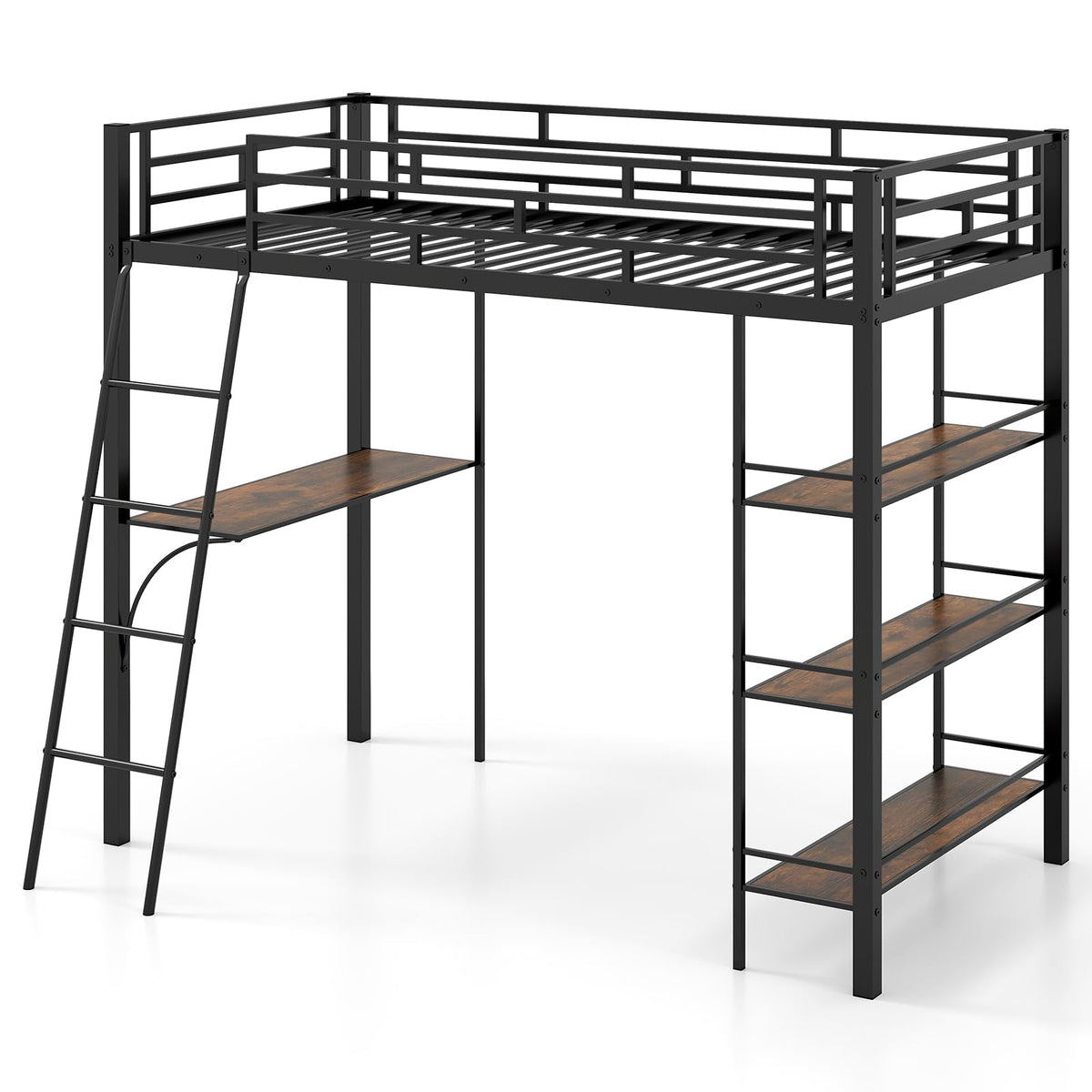 GIANTEX Twin Size Loft Bed with Desk & Shelves, Metal Bed Frame with Inclined Ladder & Full-Length Guardrails, High Loft Bed for Kids, Teens, Home, Dorm, Apartment, No Box Spring Needed