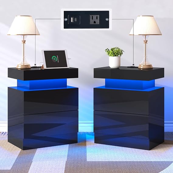 LED Nightstand with Charging Station & 2 Drawers