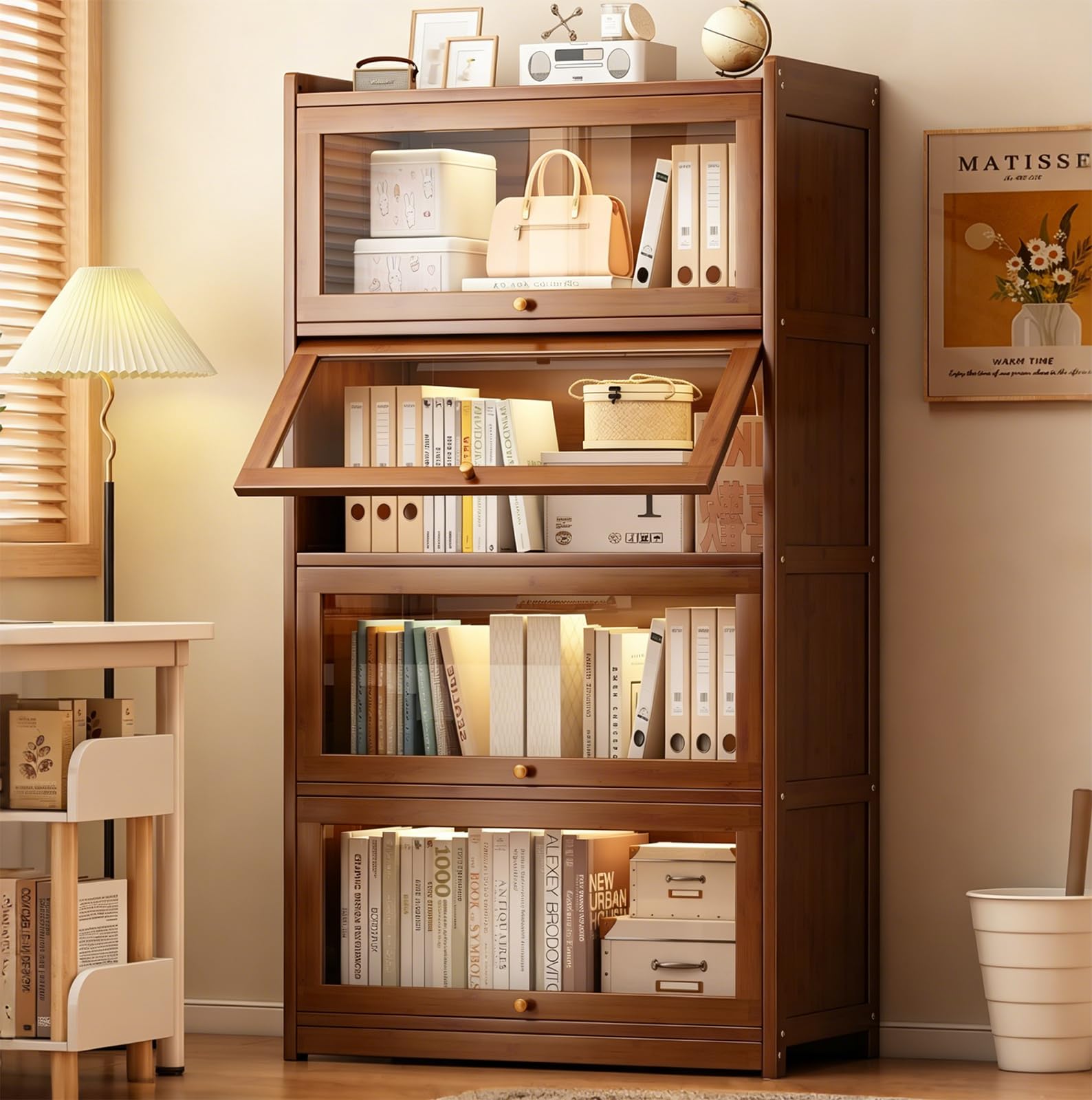 55" Bamboo Bookcases,Book Shelfs with Acrylic Doors,Freestanding Display Storage Shelves for Collectibles,4 Tier Tall Bookshelfs & Bookcases for Living Room Bedroom Home Office