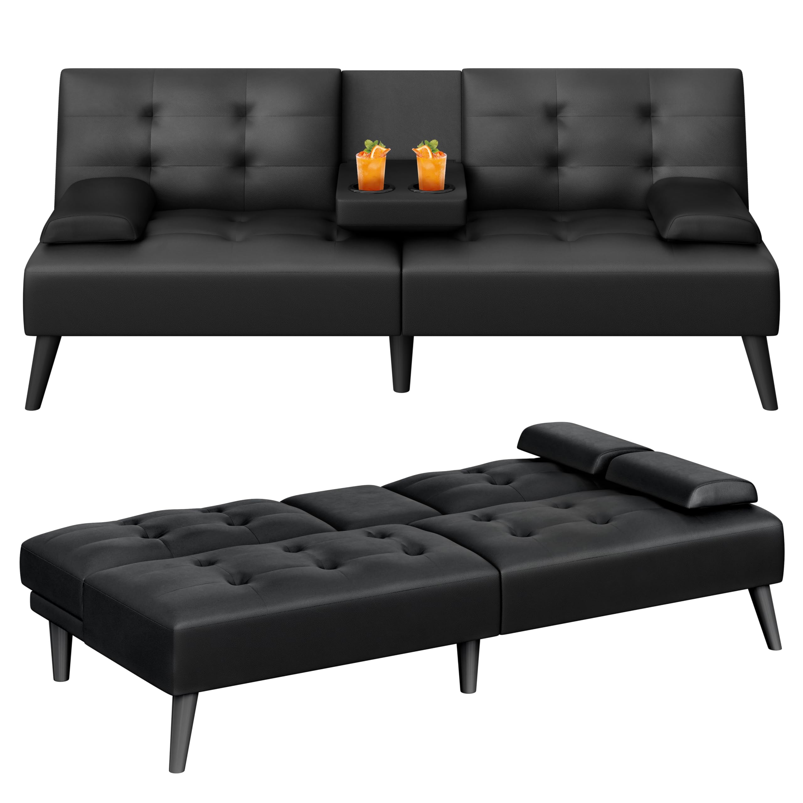 Meilocar 64" Futon Sofa Bed, Small Loveseat with 2 Cup Holders, Small Couch with 3 Adjustable Angles & Removable Armrest, Modern Sleeper Sofa for Small Space (PU Leather, Black)