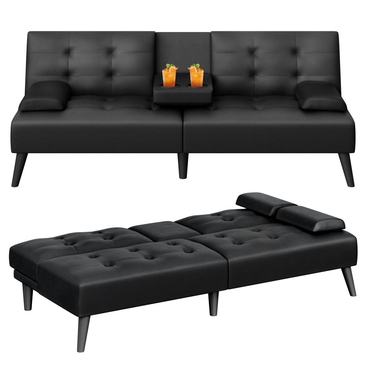 Meilocar 64" Futon Sofa Bed, Small Couch with Armrests Cup Holders, Black