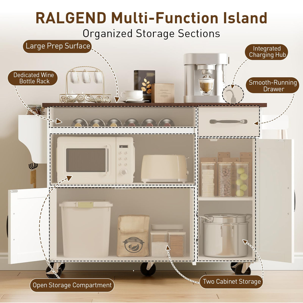 RALGEND Rolling Kitchen Island Cart with Drop Leaf & Power Outlet, Mobile Kitchen Island on Wheels, Island Table with Storage Cabinet, Microwave Shelf & Wine Rack for Kitchen, White and Walnut