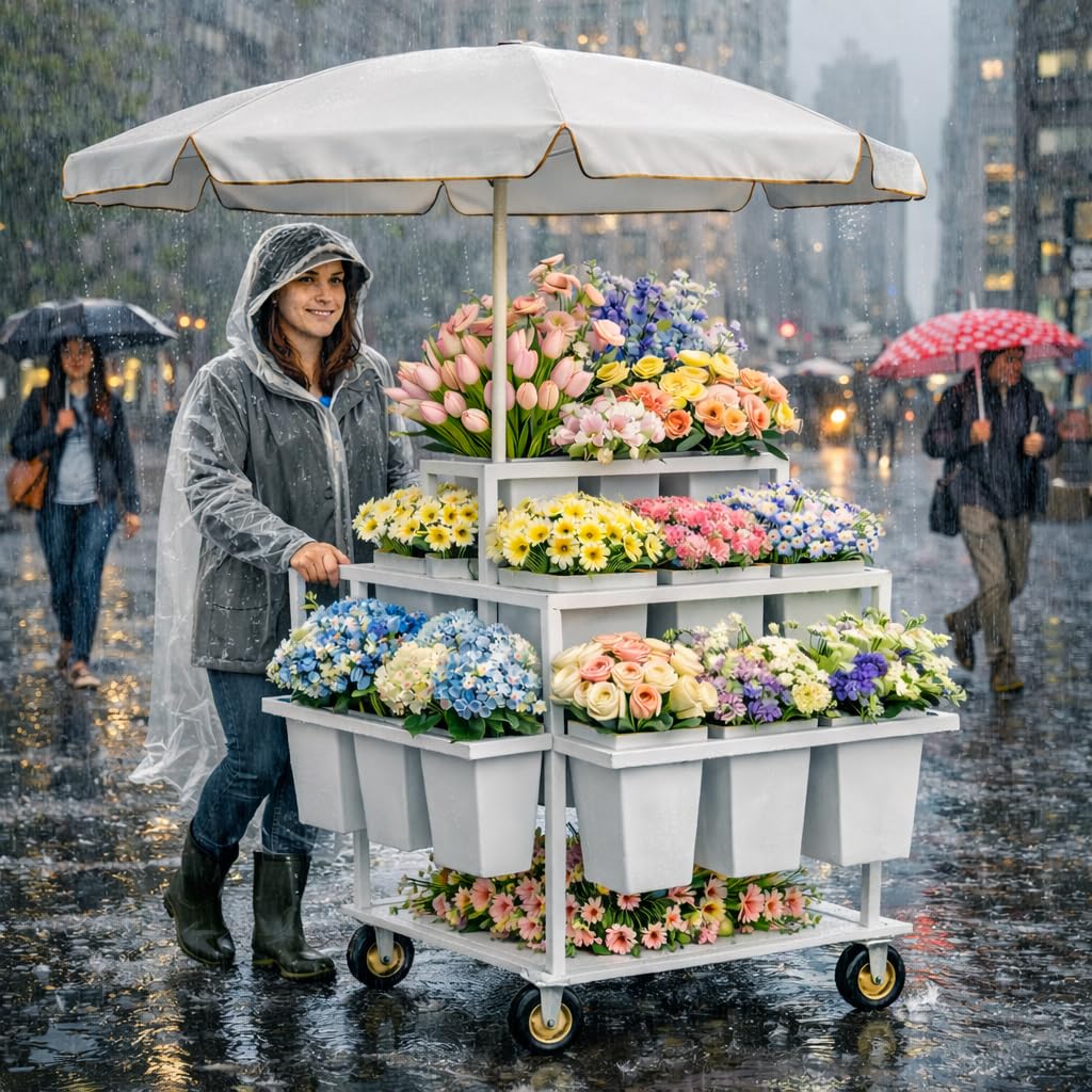 FEFZSFER Heavy Duty Flower Cart Display Stand with Umbrella, Rolling Flower Cart with 18 Buckets,Flower Carts with Wheels For Flower Shops, Markets, Events (White)