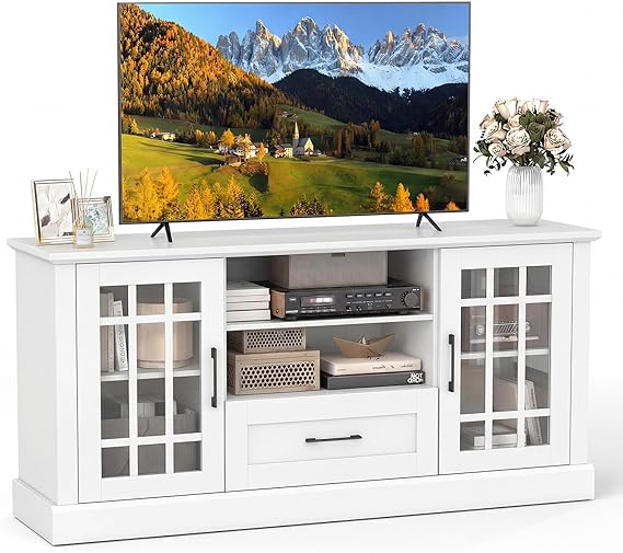 Farmhouse TV Stand with Glass Cabinets & Drawer