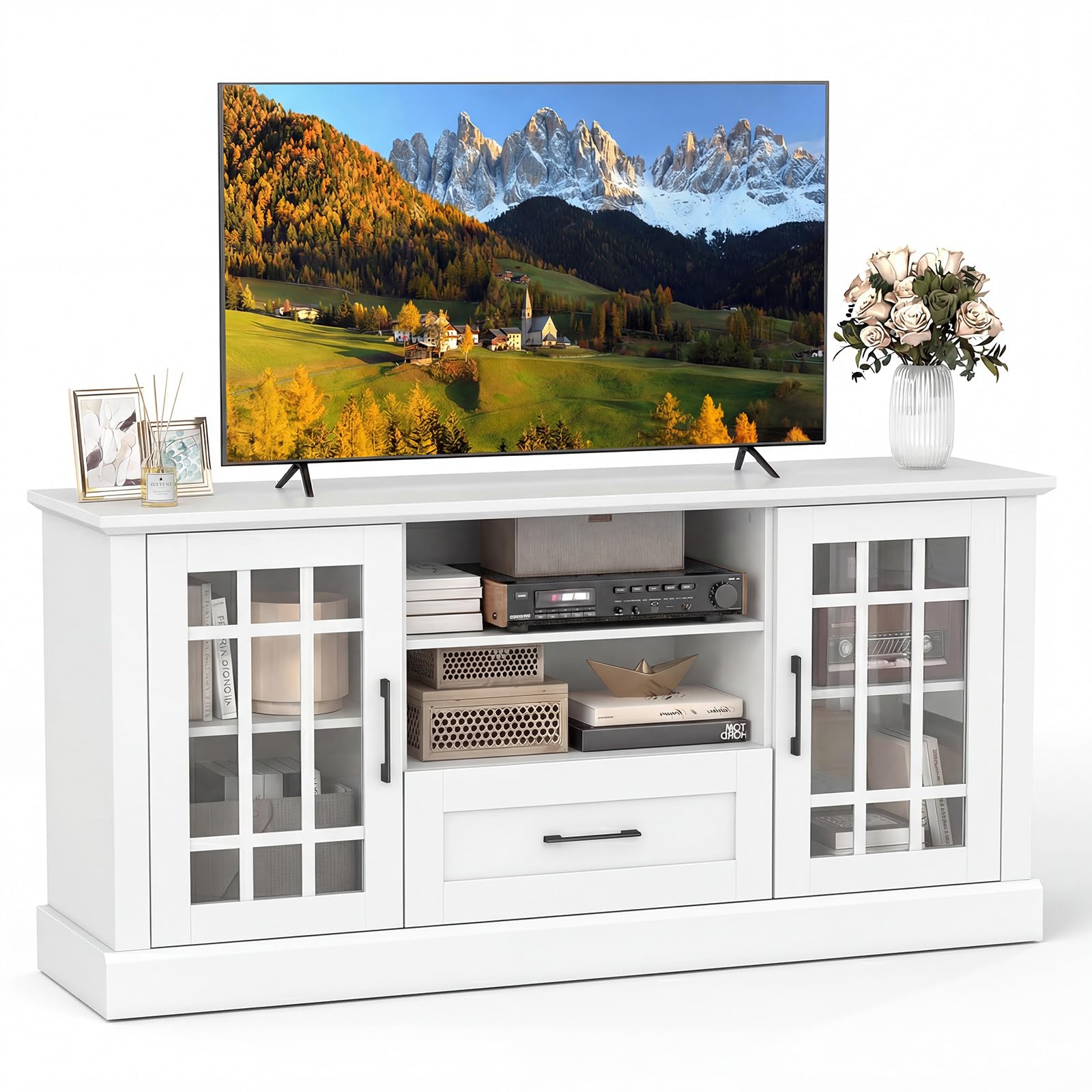 Farmhouse TV Stand with Glass Cabinets & Drawer