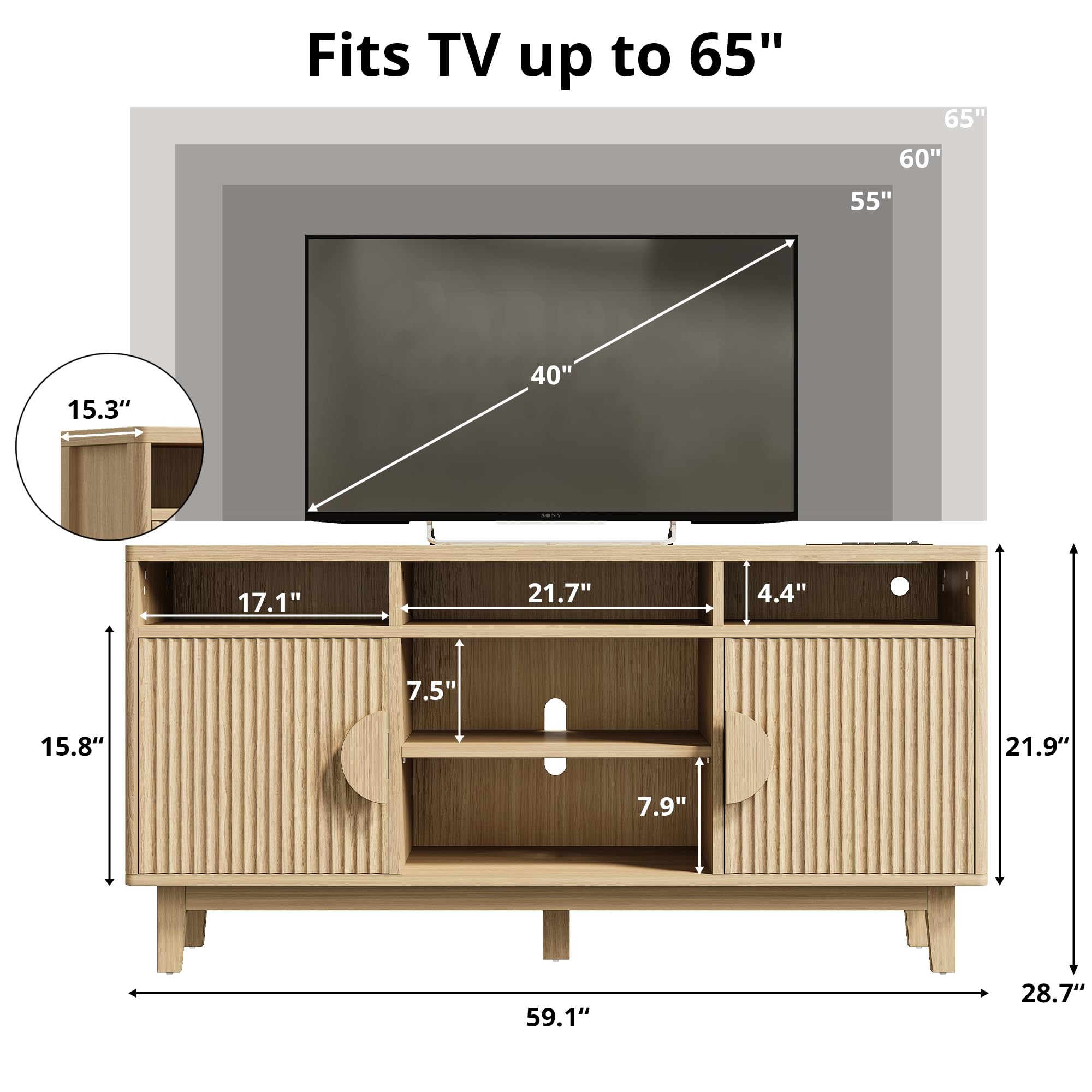 TV Stand for 65" TV with Charging Station & Fluted Doors, 59"