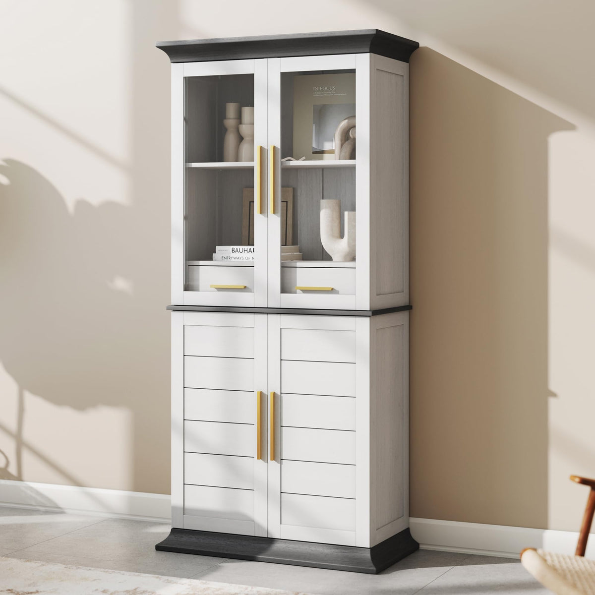 BELLEZE 72" High Storage Cabinet with Adjustable Shelves and Drawers, Freestanding Cabinet with Ample Storage Space for Kitchen, Dining & Living Room - White