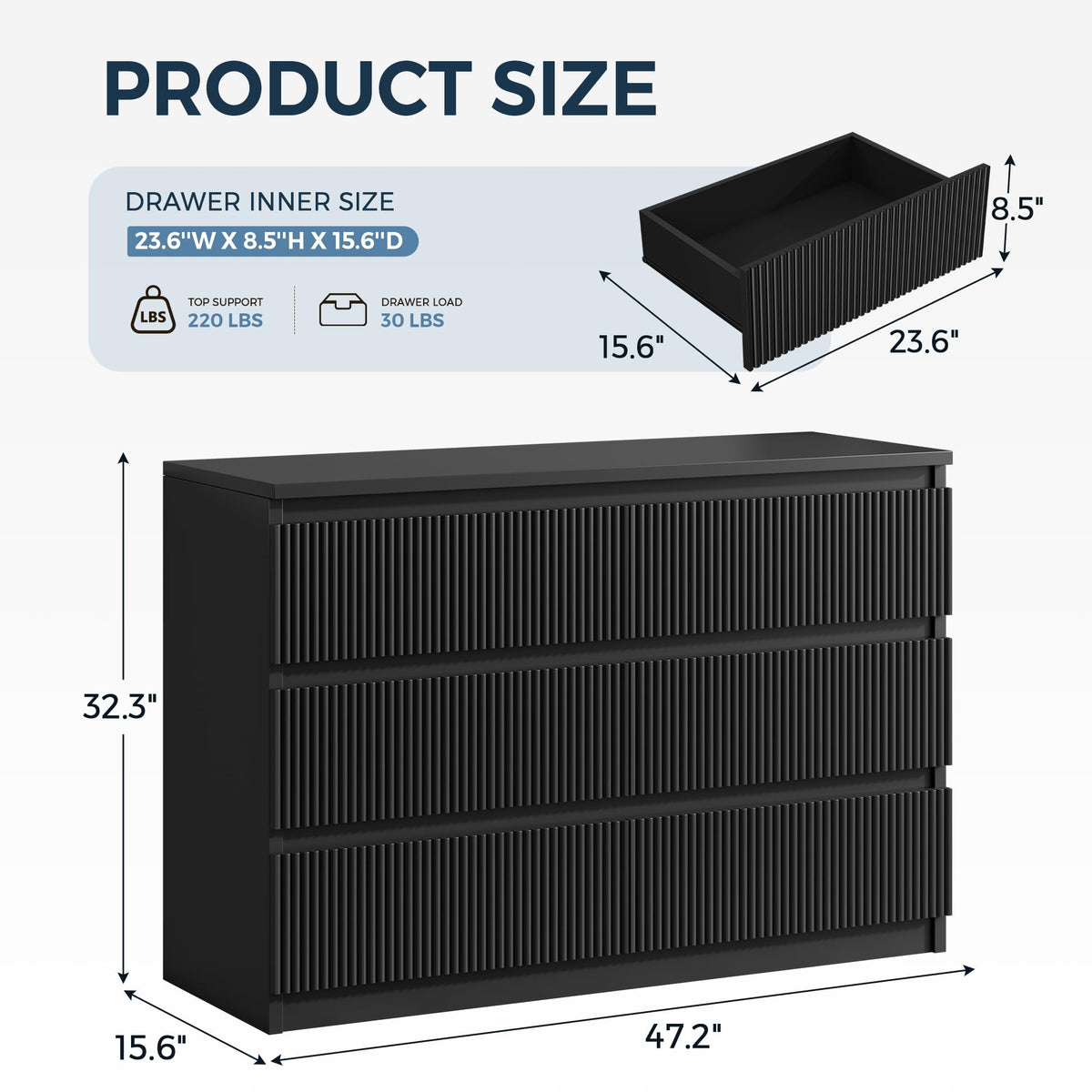 Black Fluted 6-Drawer Dresser