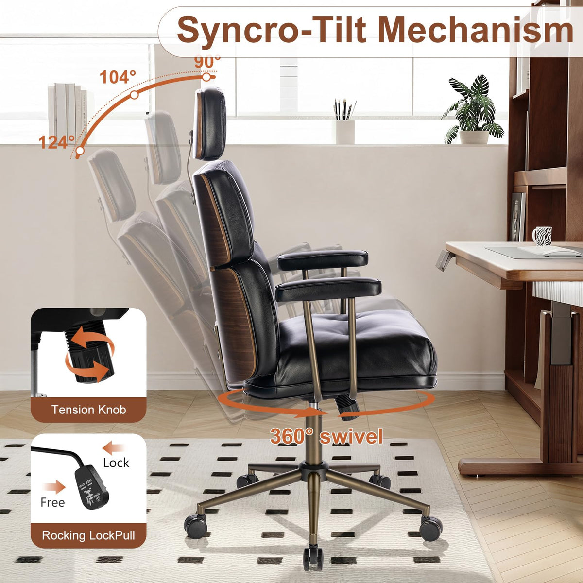 BERYTH Mid-Century Modern Ergonomic Office Chair, High Back Headrest, Black