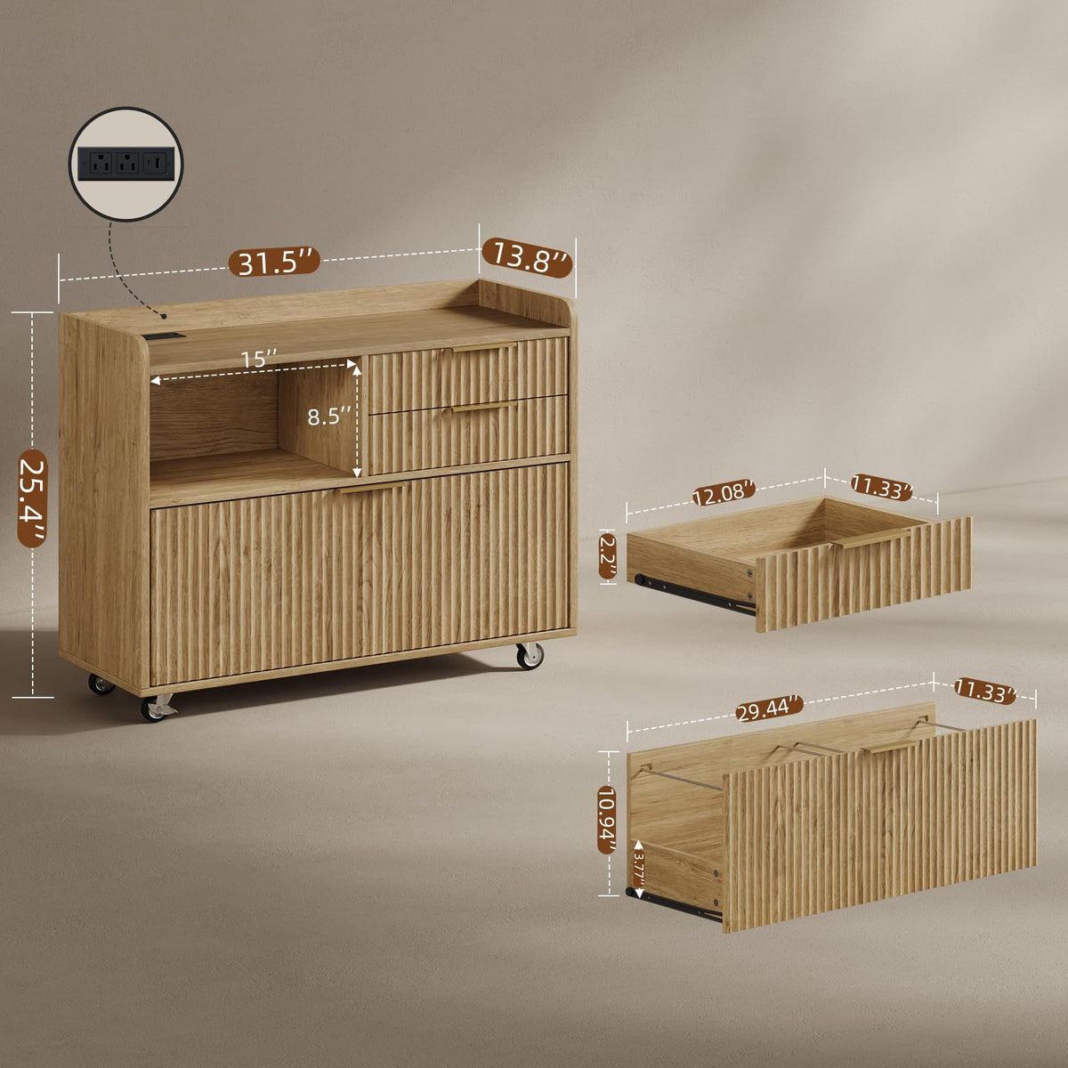 3-Drawer File Cabinet with Charging Station