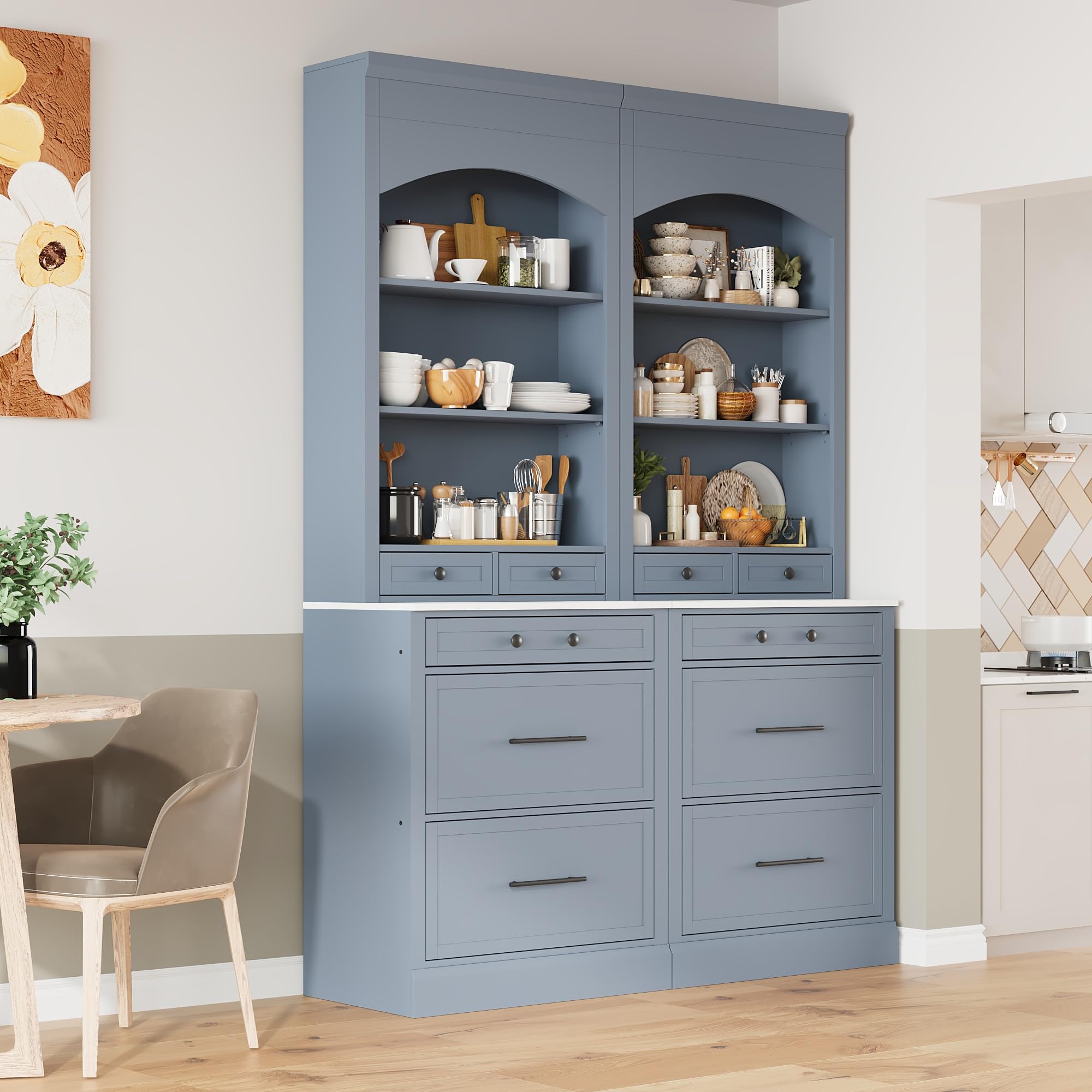 Merax Modern 83.7inch Freestanding Kitchen Hutch with Faux Marble Top, Kitchen Pantry with 5 Storage Drawers and Adjustable Shelf, Set of 2, Gray
