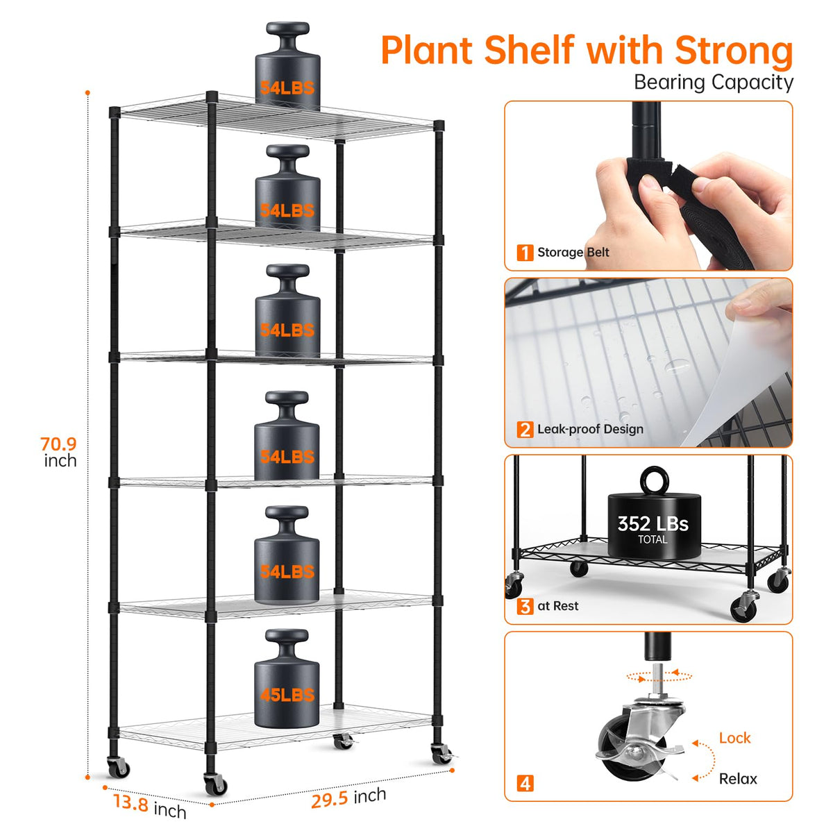 Bstrip DIY Plant Shelf with Grow Light, Adjustable, 29.5x13.8x70.9in