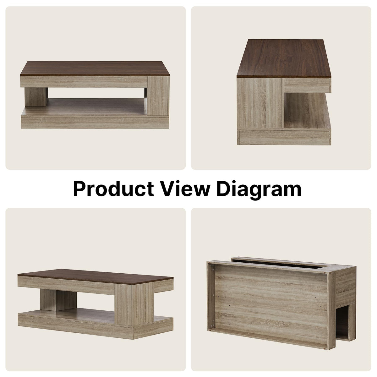 Miereirl Farmhouse Coffee Table with Storage Shelf, 2-Tier Wood Rustic Center Table with LED Light, 47” Rectangular Tea Tables for Living Room, Apartment, Office,Walnut &Light Ash White