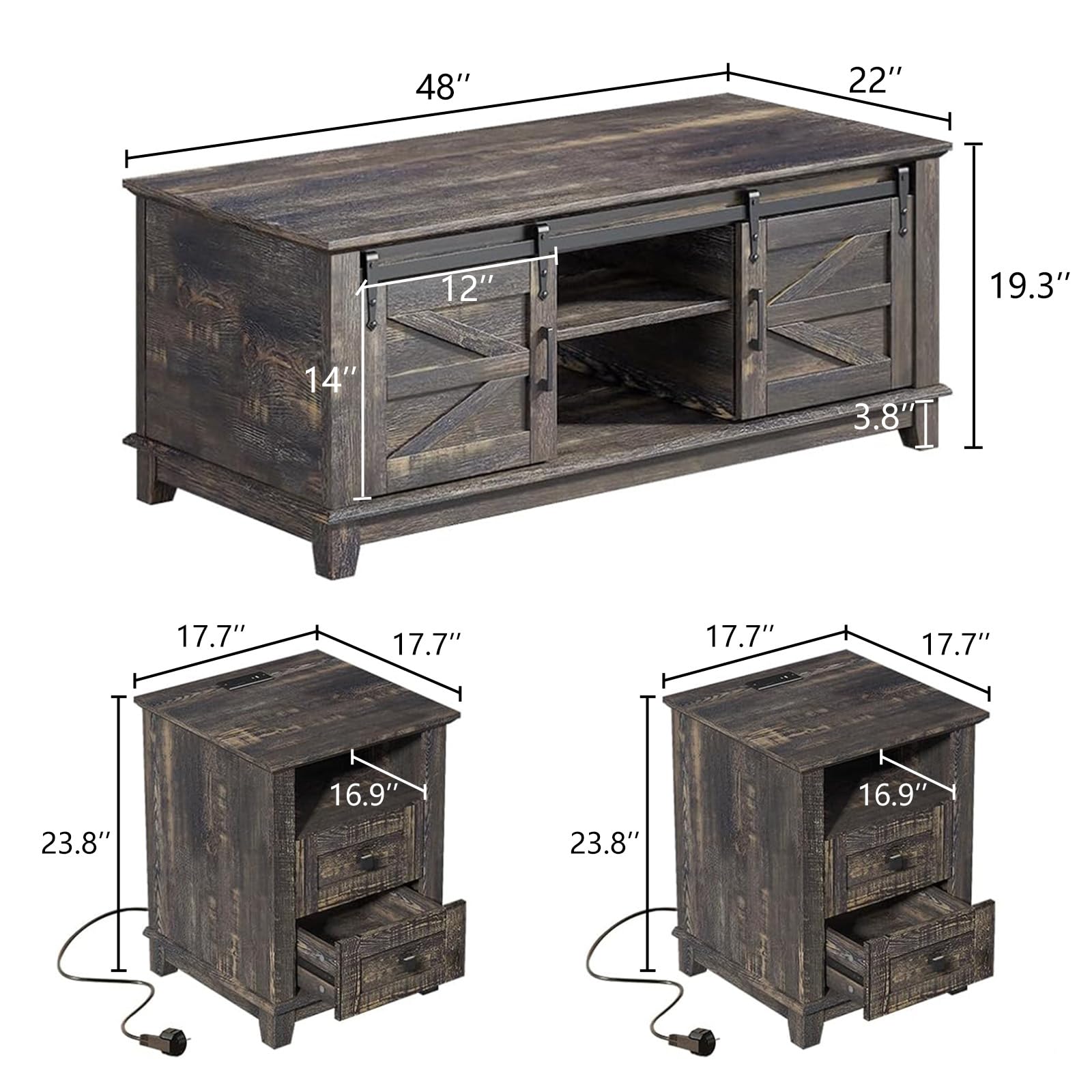 LUXOAK 4 Pieces Farmhouse Living Room Table Sets - Includes 59" Sliding Barn Door TV Stand for 65 in TV, Rustic Coffee Table with Storage, End Tables Set of 2 with Charging Station, Dark Rustic Oak