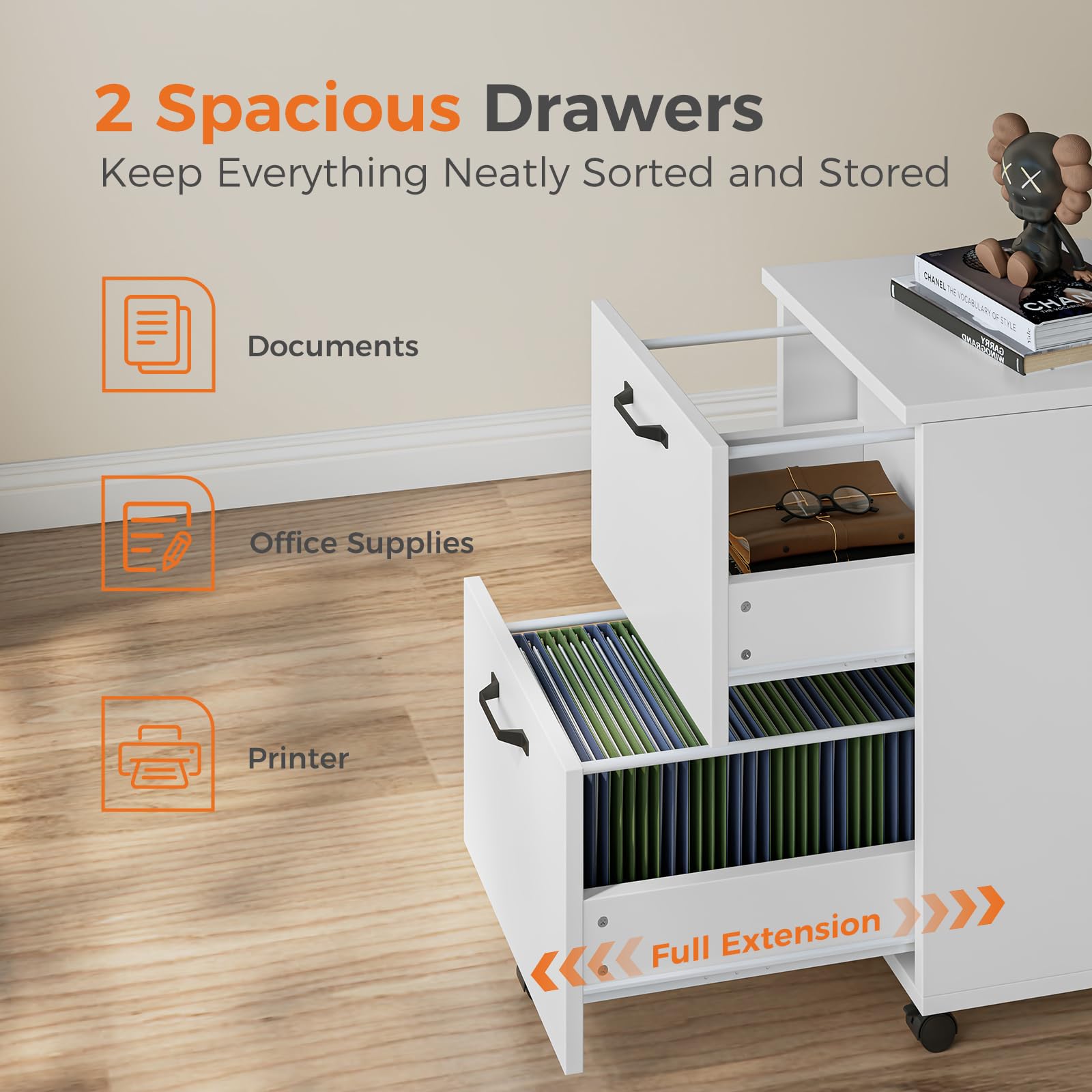 2-Drawer Rolling File Cabinet with Printer Stand