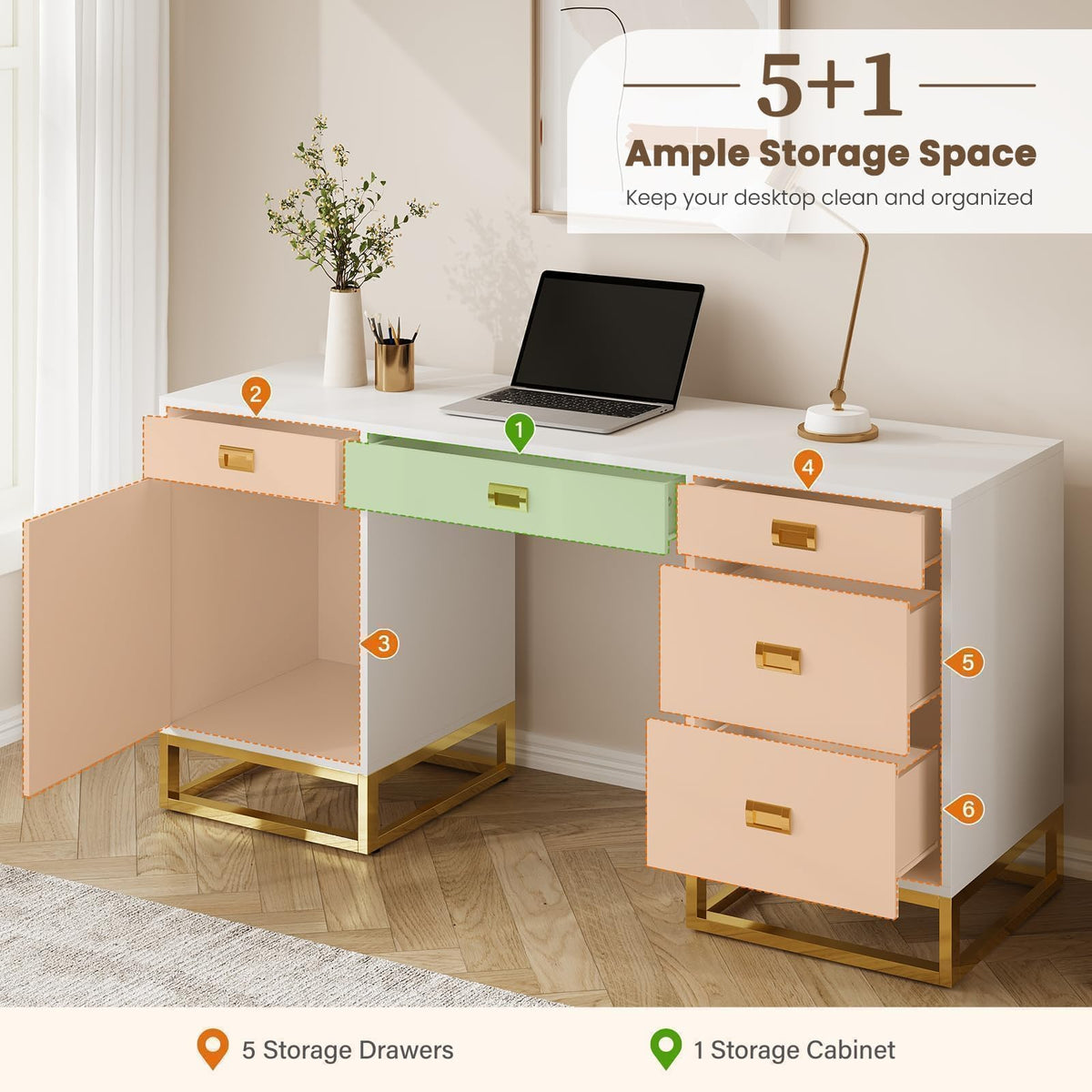 Desk with 5 Drawers and Cabinet